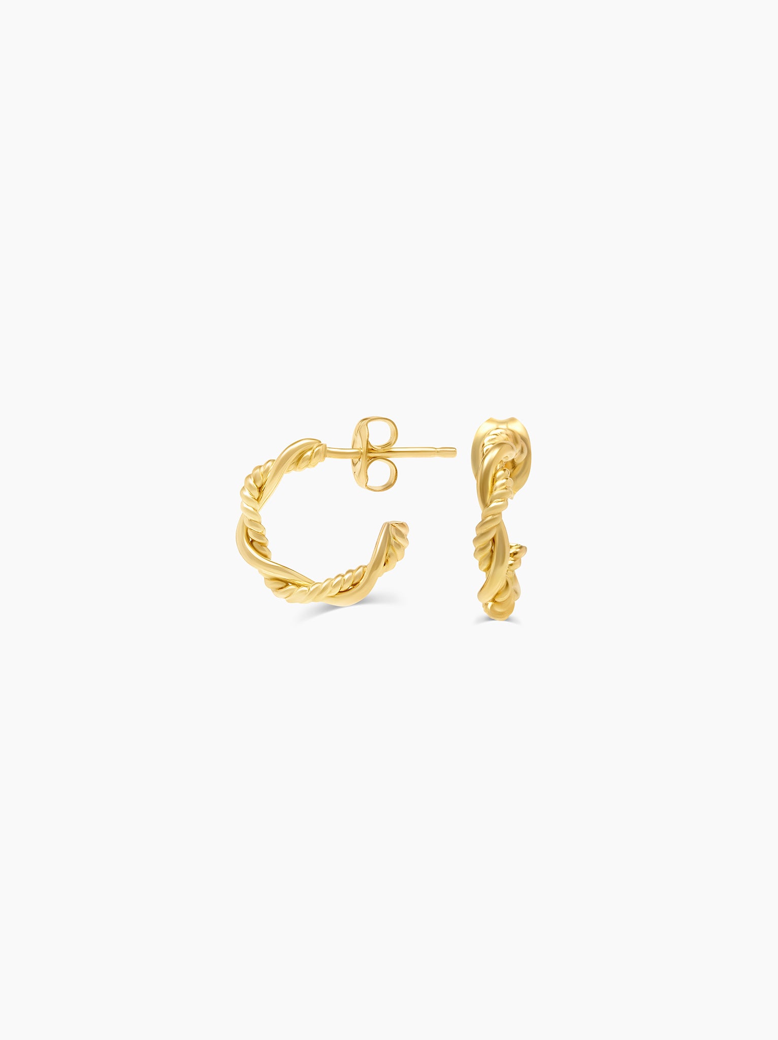 A pair of textured braided mini hoop earrings showing side and front angles on white background.