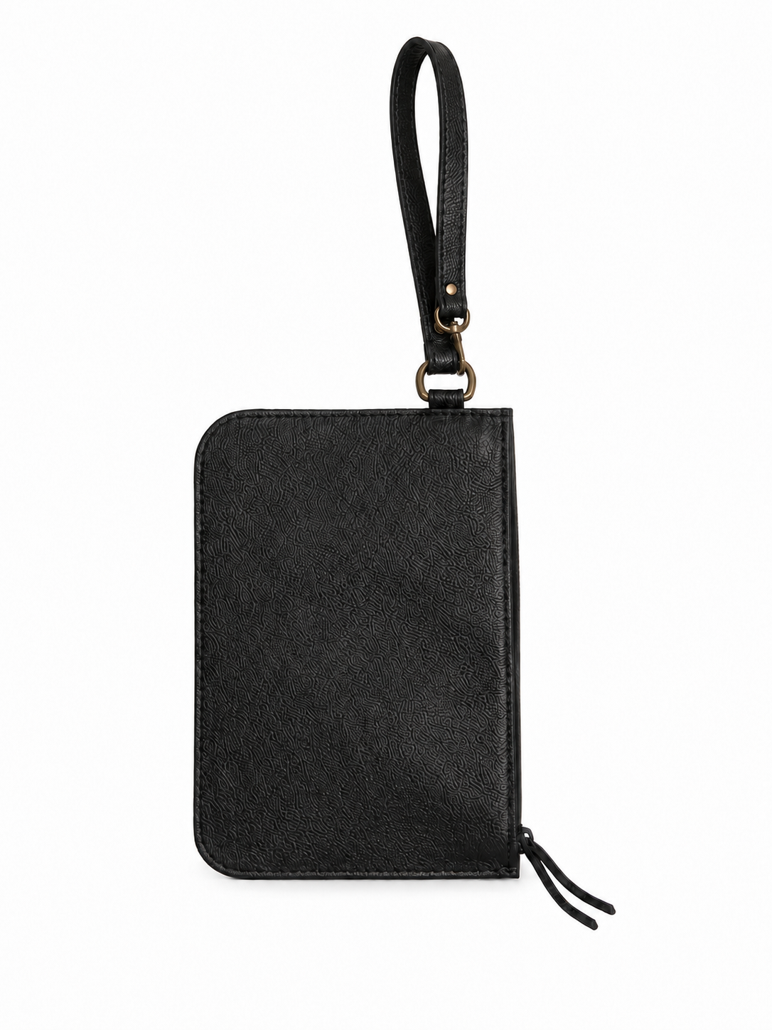 Black pebbled leather wristlet with leather strap and zipper closure on a white background. #Color_Pebbled Black