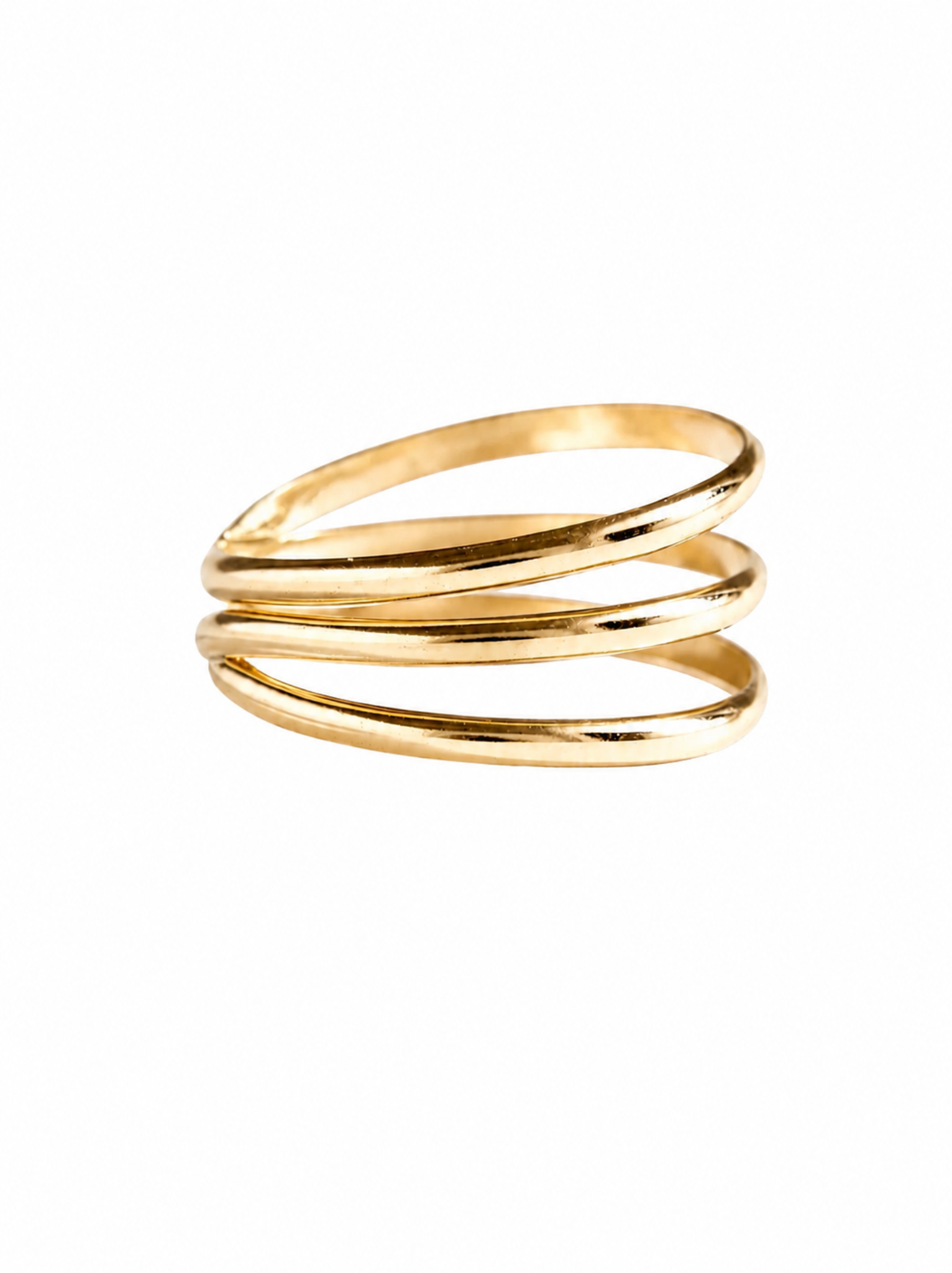 Gold three spiral ring on a white background.