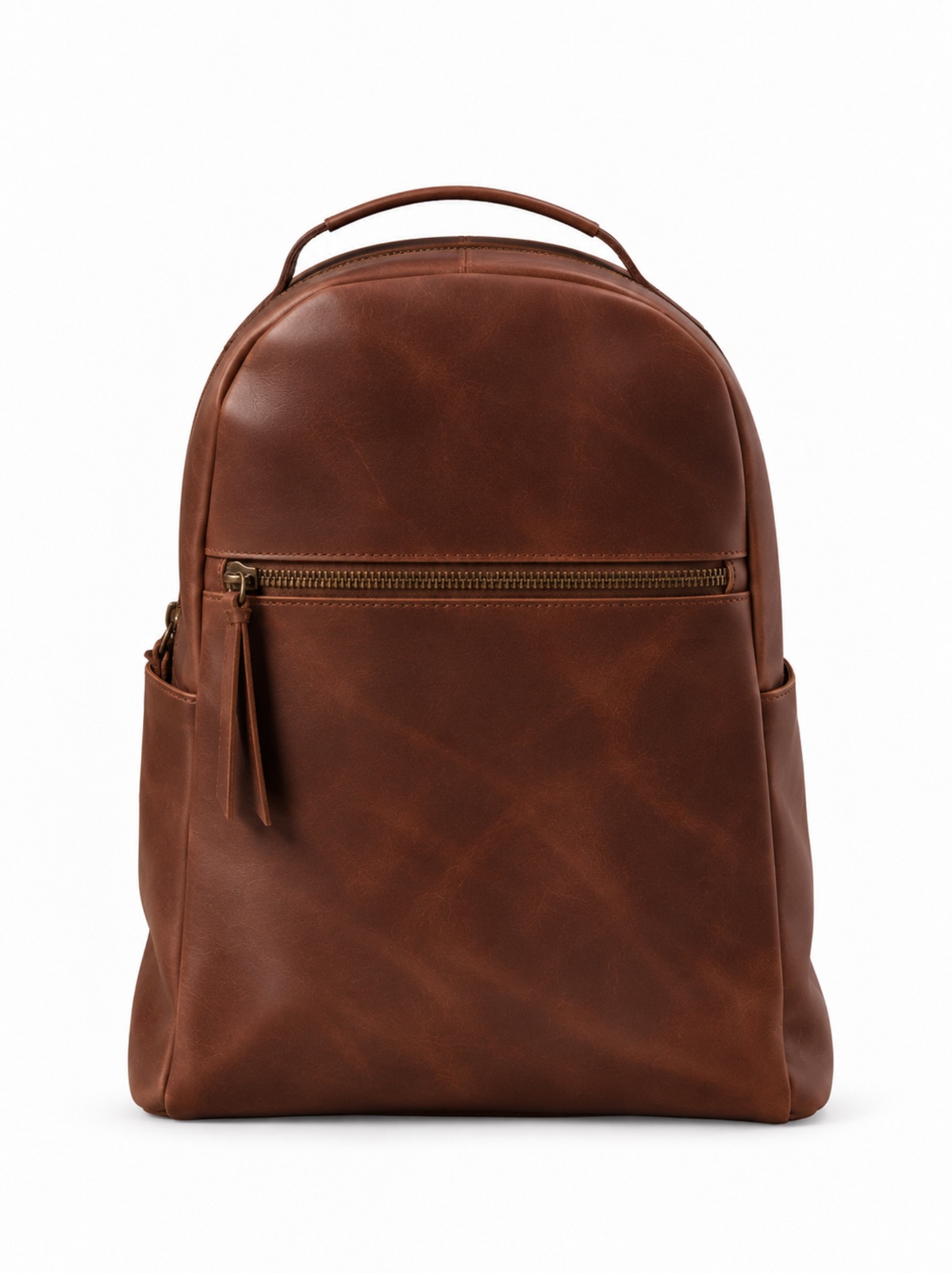 A brown leather backpack with a front zippered pocket and top handle, shown against a plain white background. #Color_Bourbon