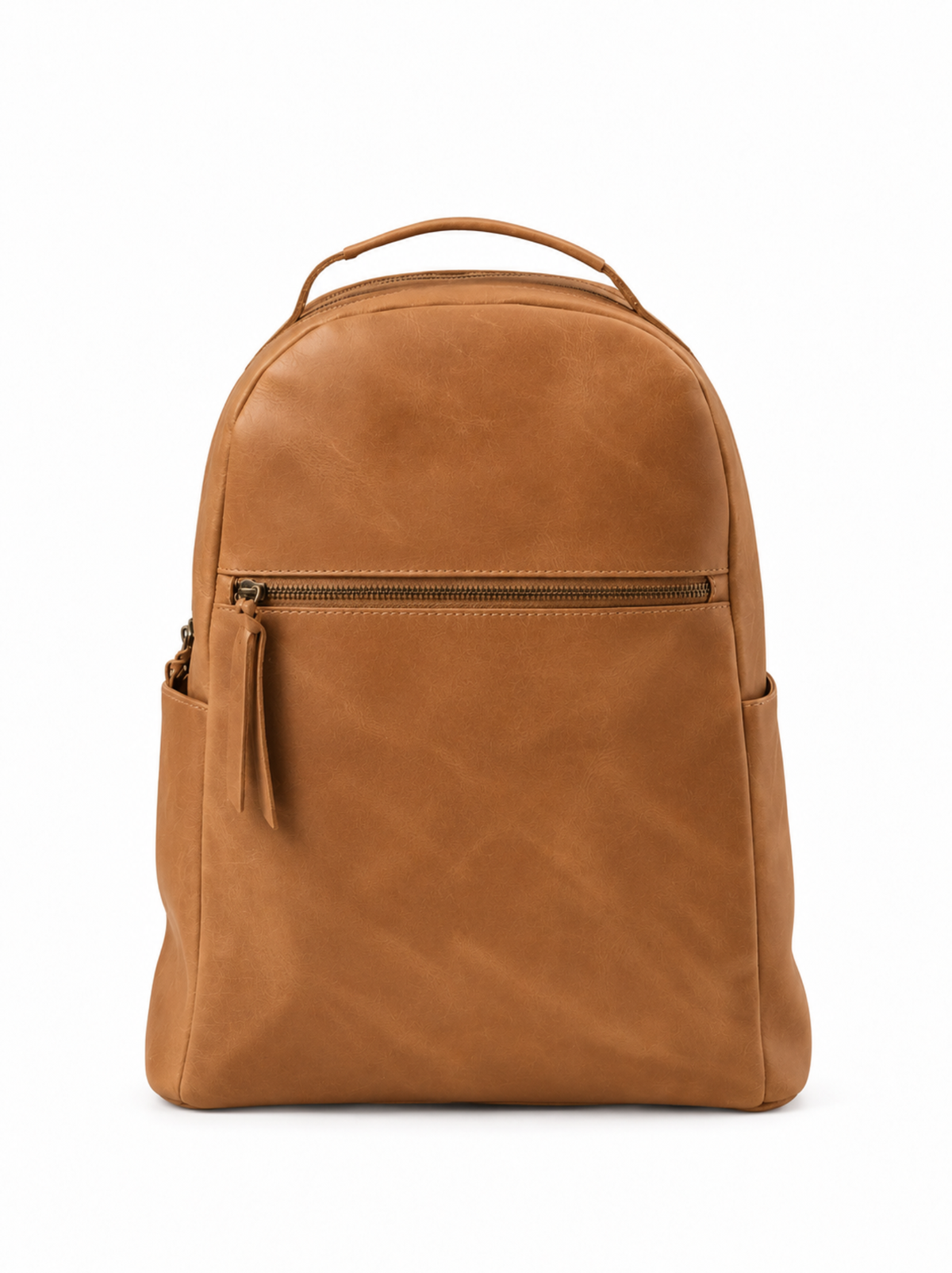 A tan leather backpack with a top handle, a horizontal zippered front pocket, and side pockets, shown against a plain white background. #Color_Camel