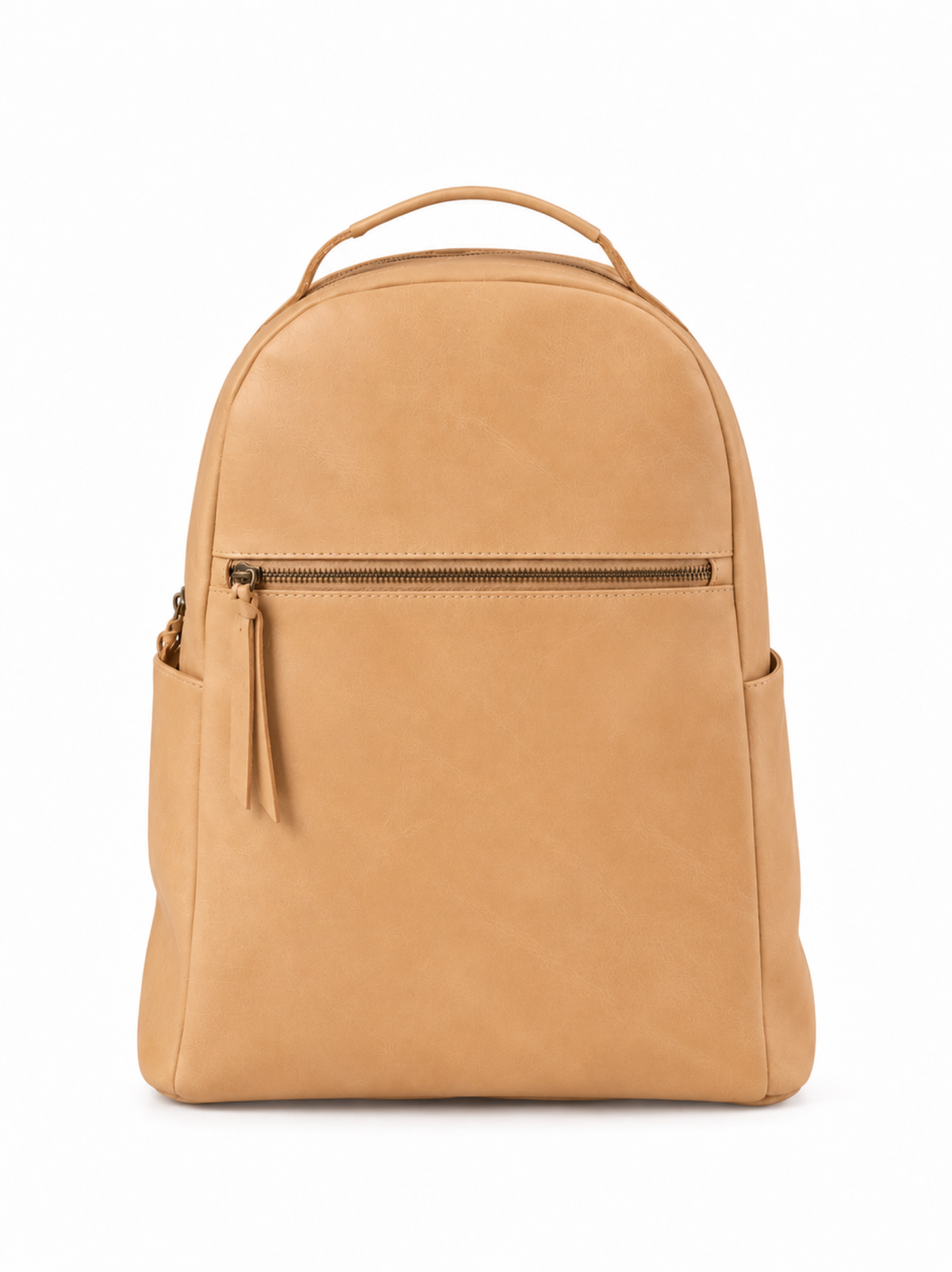 A light tan leather backpack with a top handle, a horizontal zippered front pocket, and side pockets, shown against a plain white background. #Color_Fawn