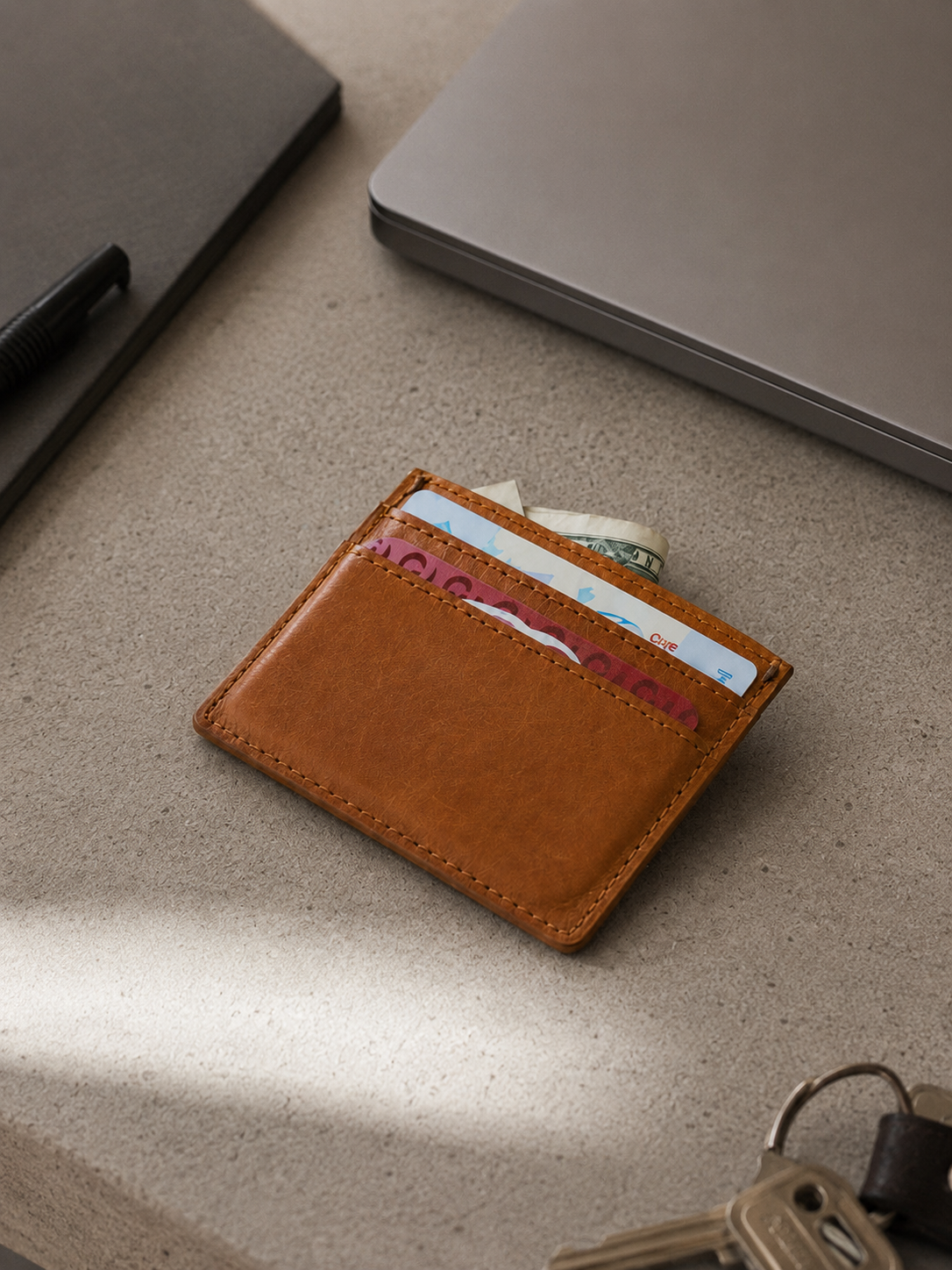 Brown leather wallet with cards and cash on a light brown surface with a laptop and keys in the background. #Color_Whiskey