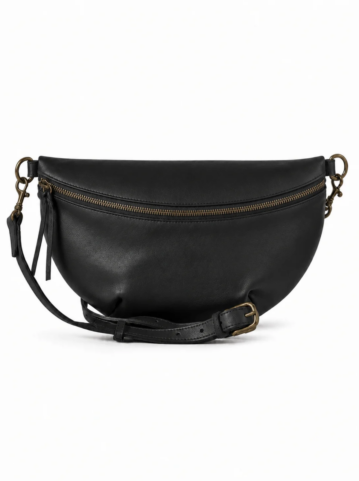 A black leather belt bag with bronze hardware, adjustable and detachable crossbody strap against a white background. #Color_Black