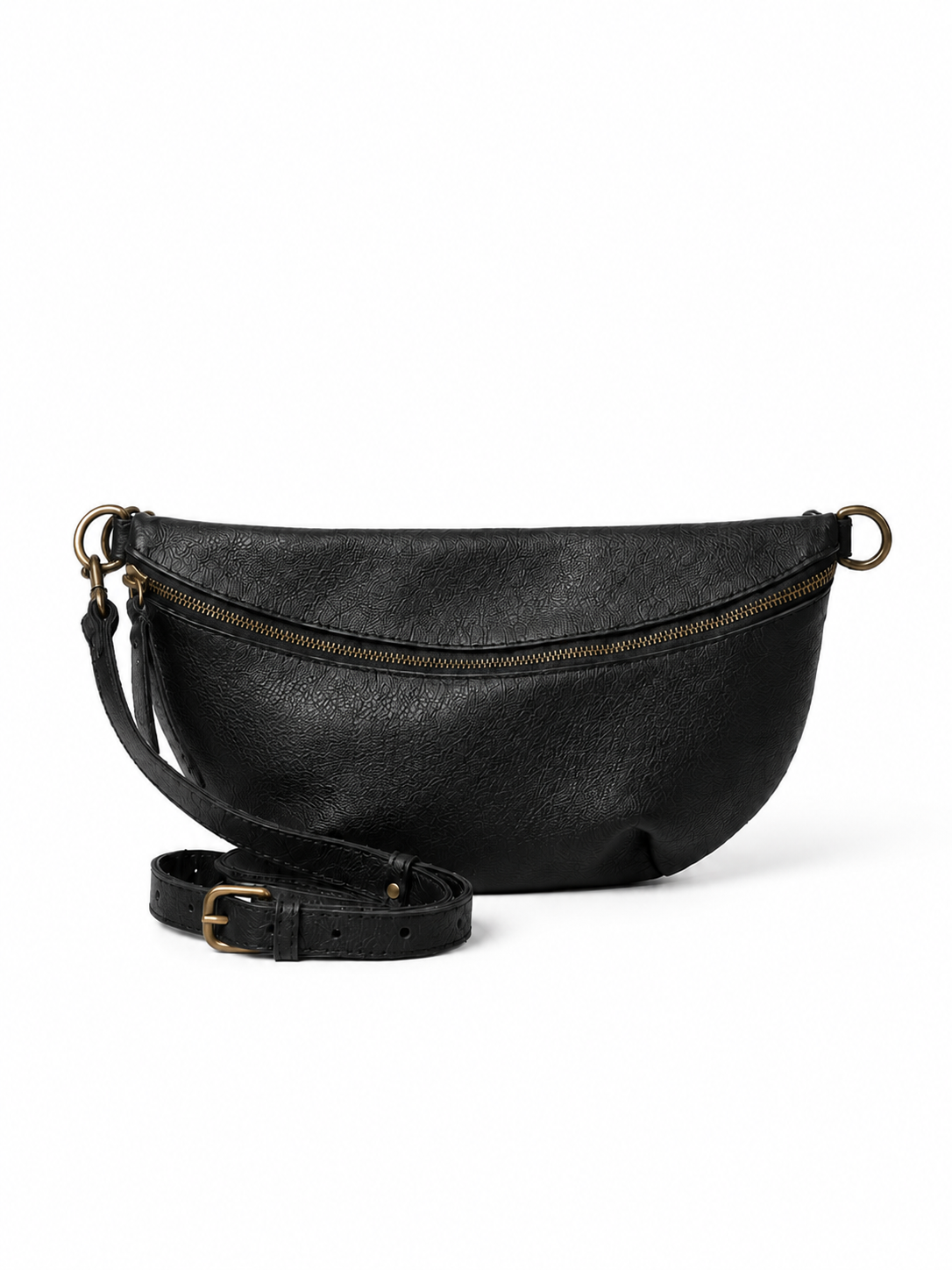 Pebbled textured leather black belt bag with metal hardware on white background. #Color_Pebbled Black