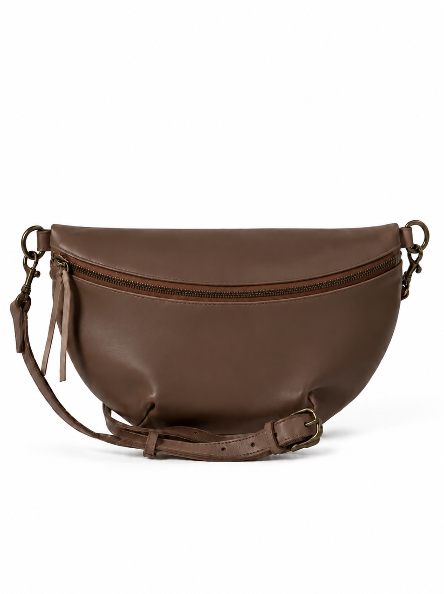 A brown leather half-moon belt bag with a matching adjustable crossbody strap and a zippered front, shown on a plain white background. #Color_Whiskey
