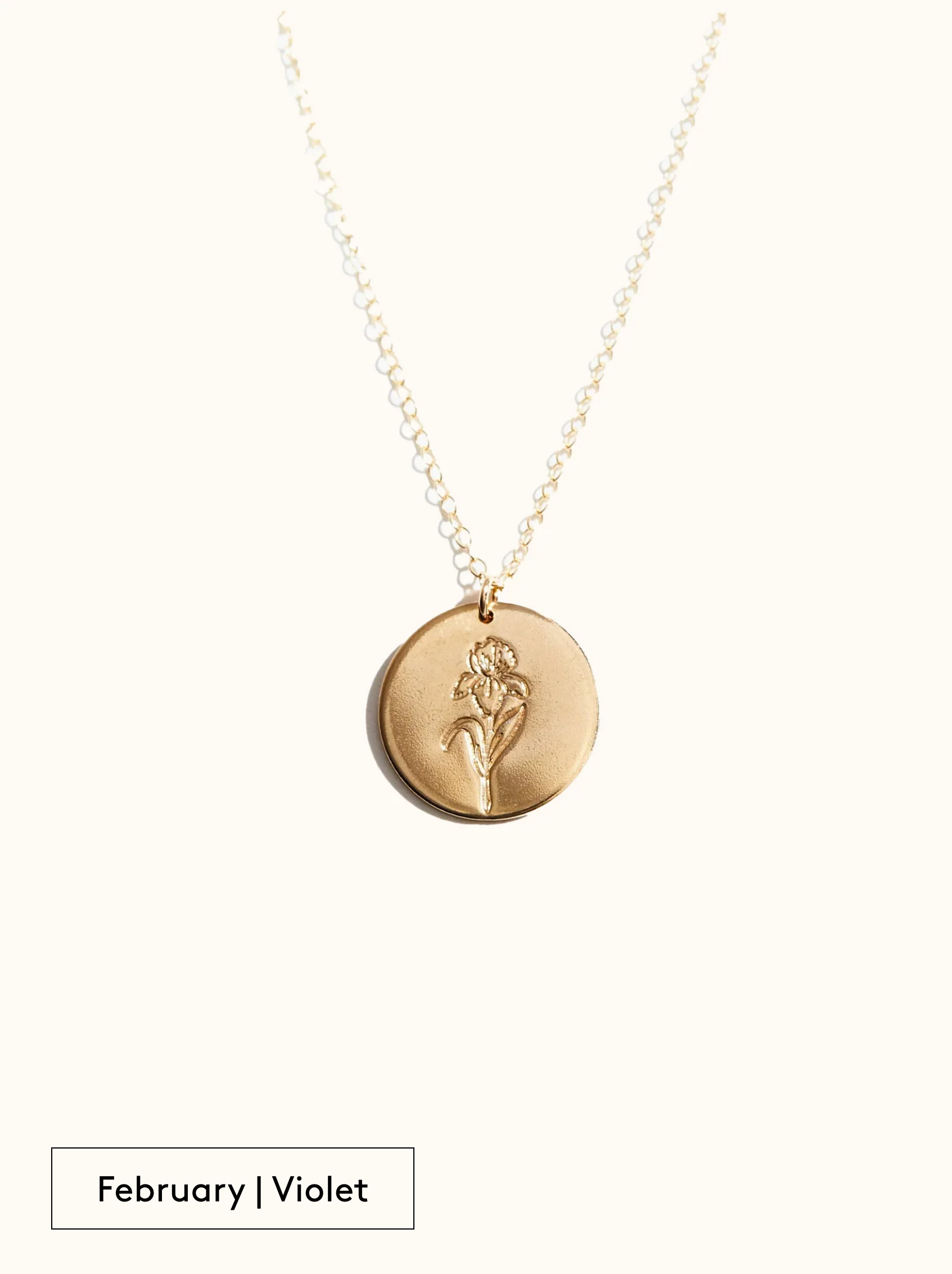 A gold-filled necklace with a round tag pendant featuring an engraved Violet, noted as February's birth month flower, attached to a 24 inch chain on a neutral background.