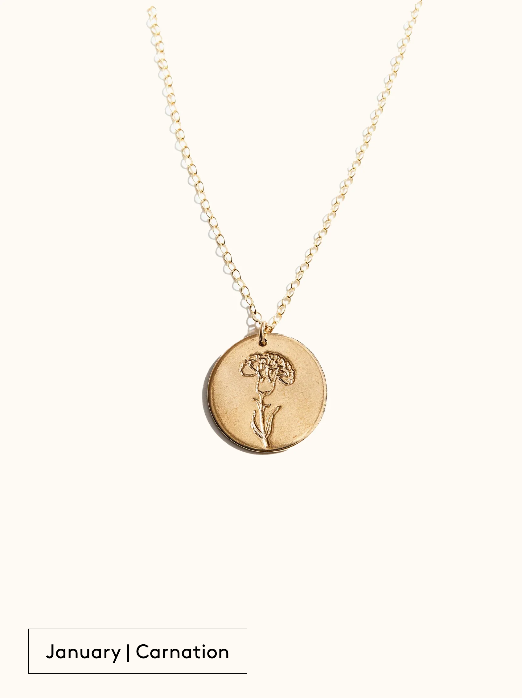 A gold-filled necklace with a round tag pendant featuring an engraved Carnation, noted as January's birth month flower, attached to a 24 inch chain on a neutral background.