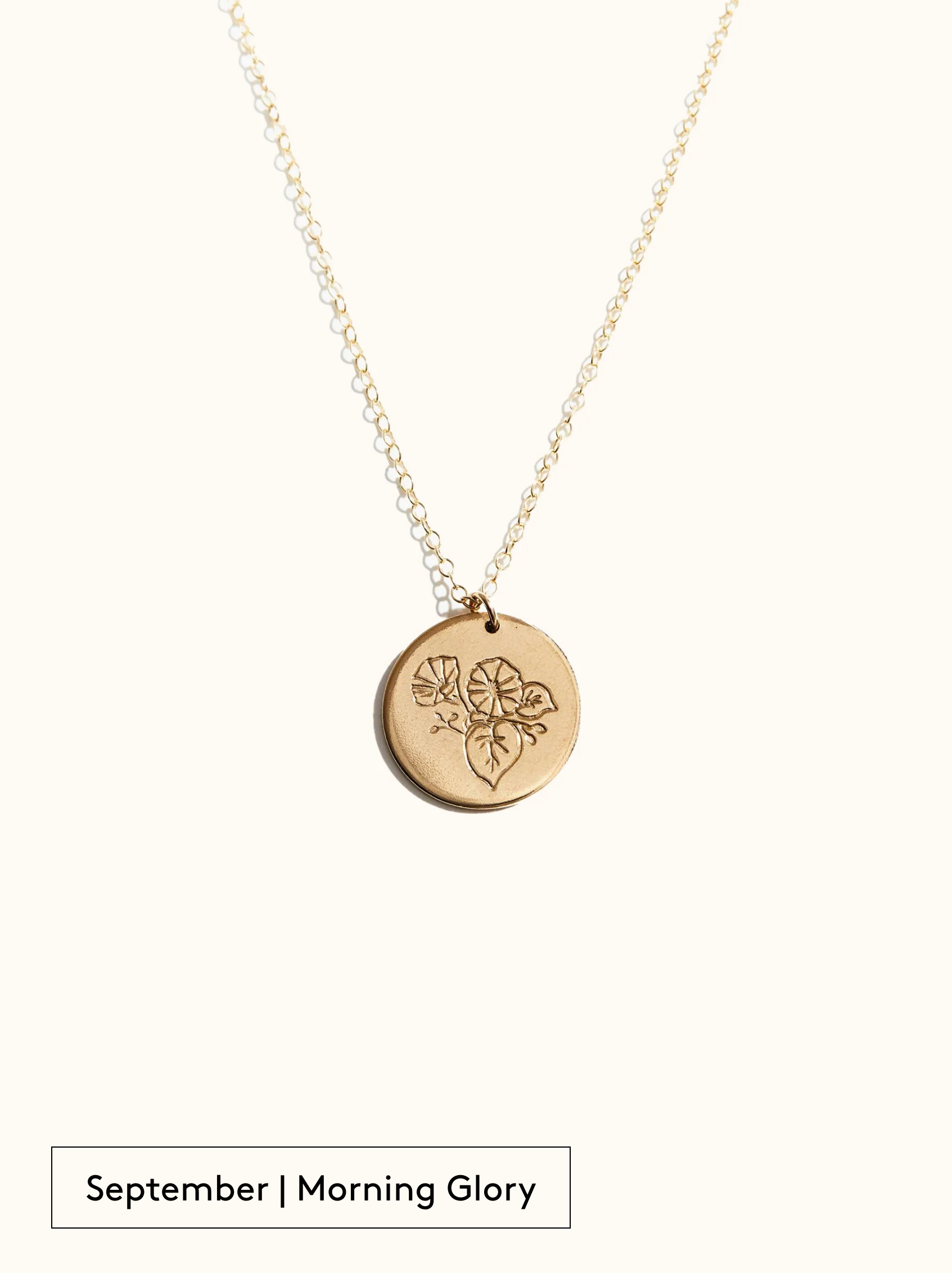 A gold-filled necklace with a round tag pendant featuring an engraved Morning Glory, noted as September birth month flower, attached to a 24 inch chain on a neutral background.