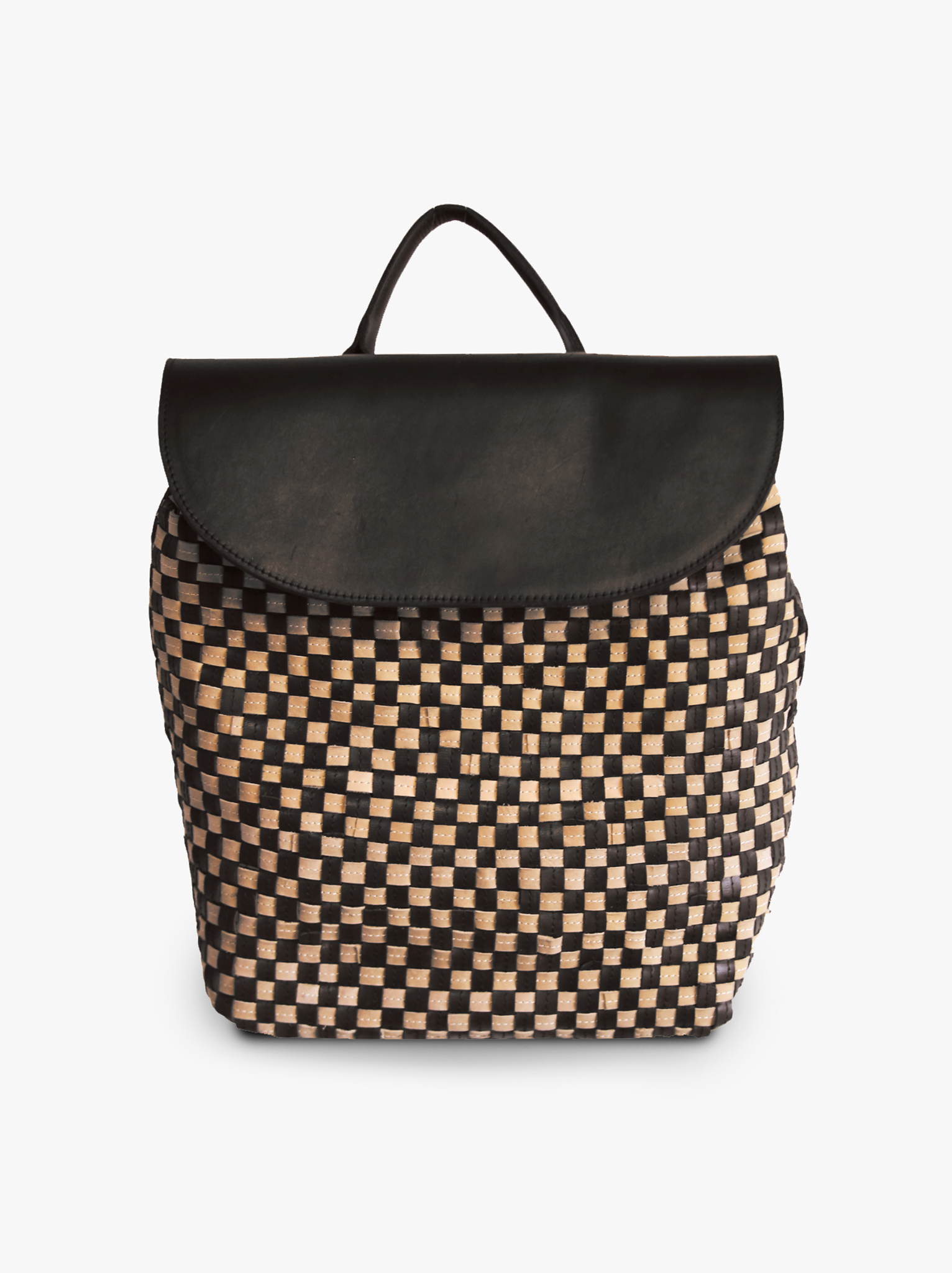 A black and tan, textured, basketweave-style backpack with a solid black flap closure and a top handle. The backpack is made of leather and appears to have a woven design, with recycled materials. #Color_Black/Tan