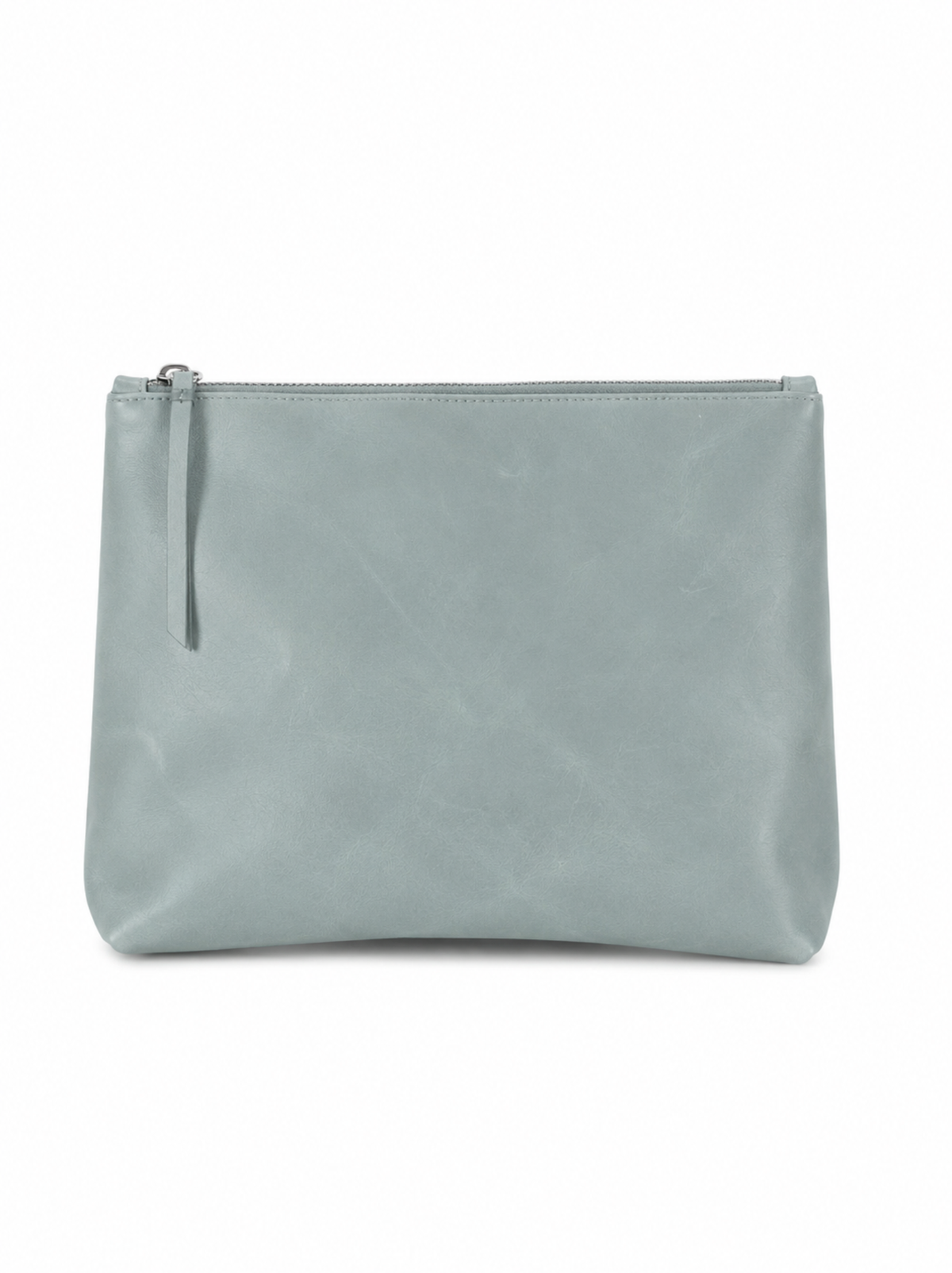 A light blue leather pouch with a top zipper and a small matching zipper pull, shown against a plain white background. #Color_Mist