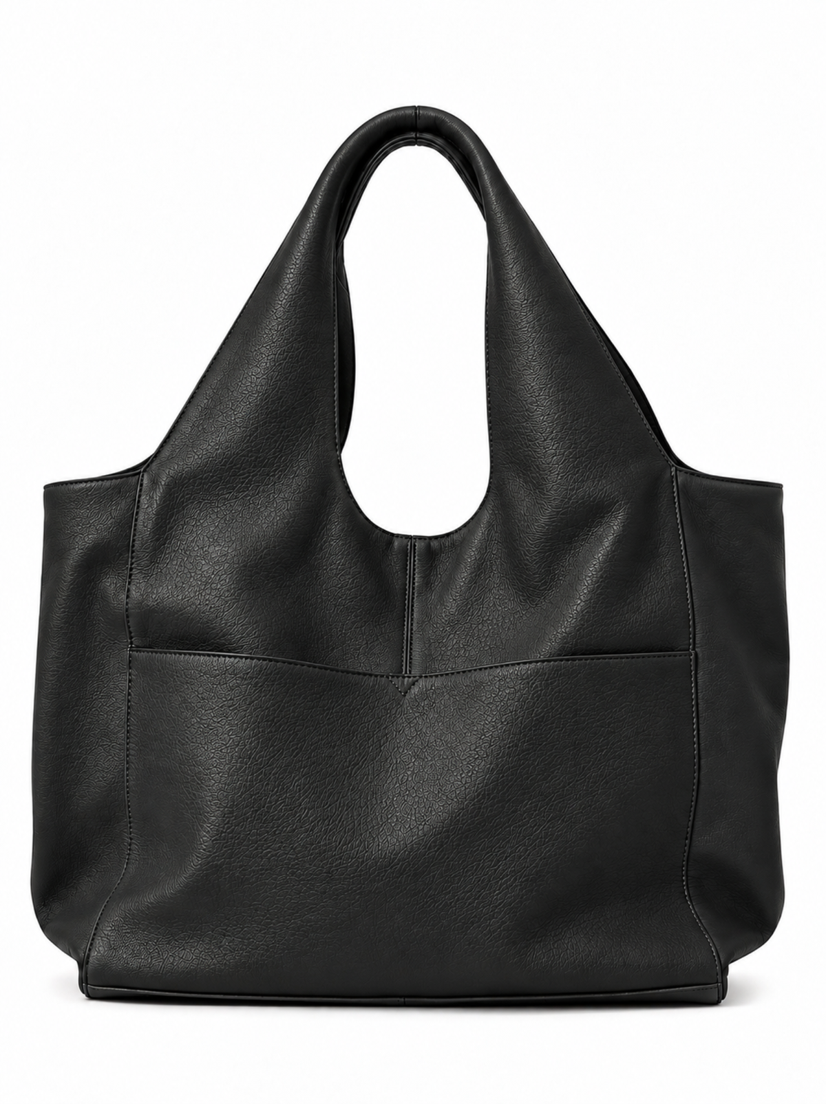 A large black leather tote bag with two shoulder straps and a front slip pocket, photographed against a clean white background. #Color_Black