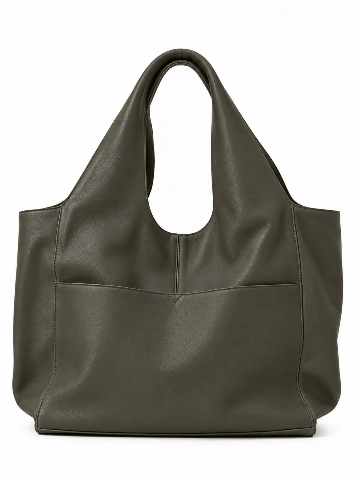 A large dark green leather tote bag with two shoulder straps and a front slip pocket, photographed against a clean white background. #Color_Olive