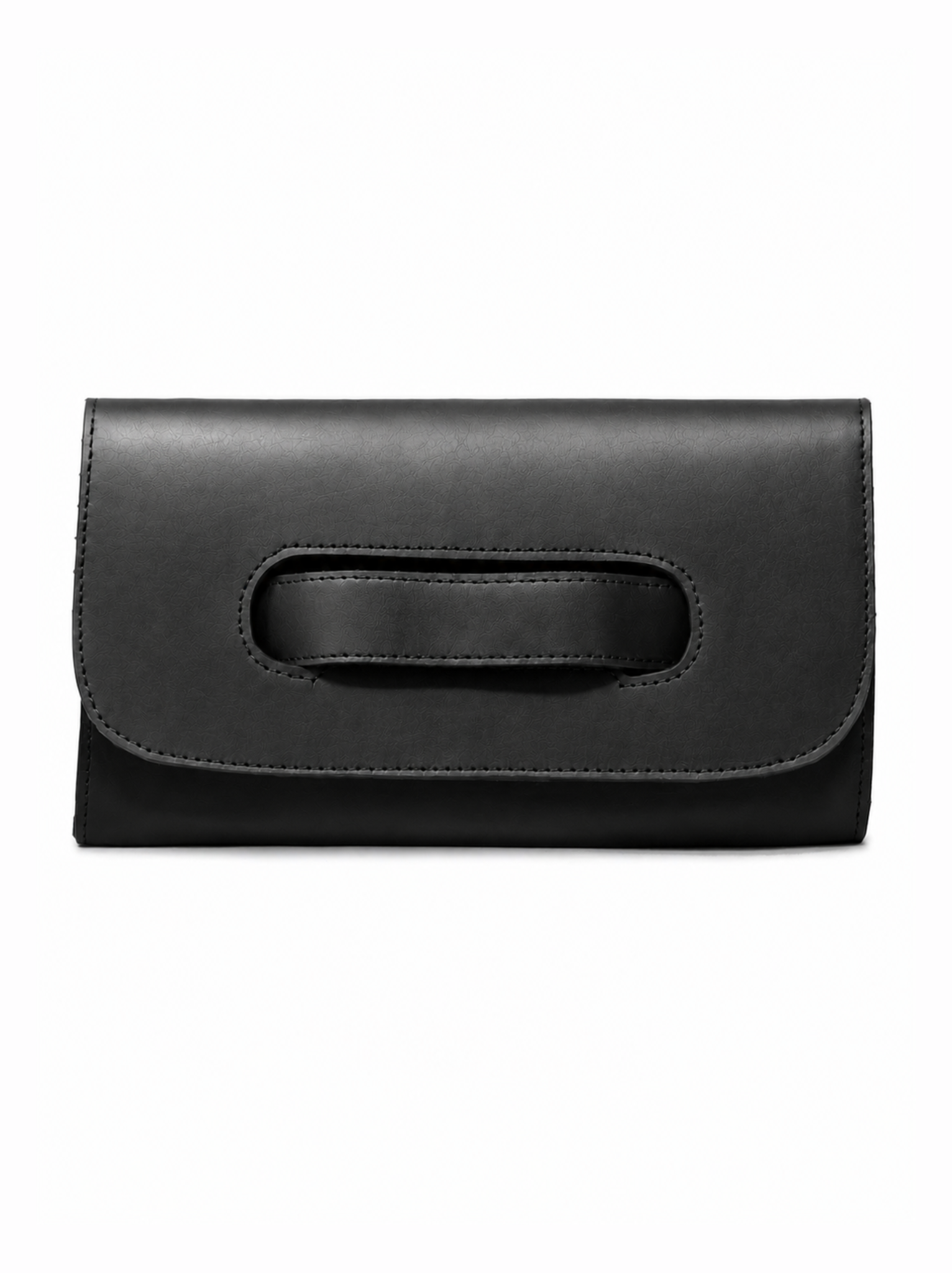 A black leather clutch bag with a unique cutout handle detail on the front flap, shown against a plain white background. #Color_Black