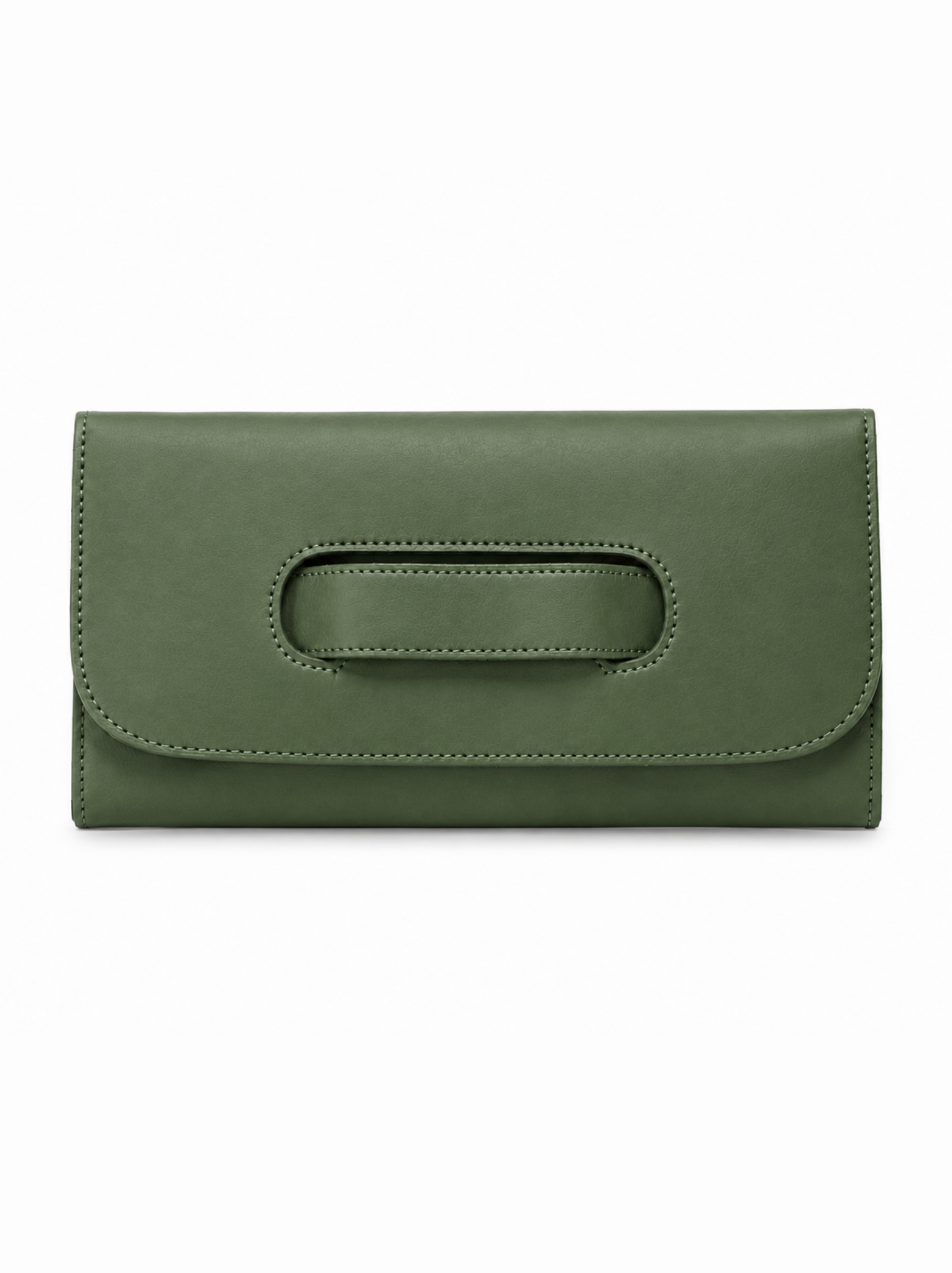 A moss green leather clutch bag with a central handle cutout, shown flat against a plain white background. #Color_Moss