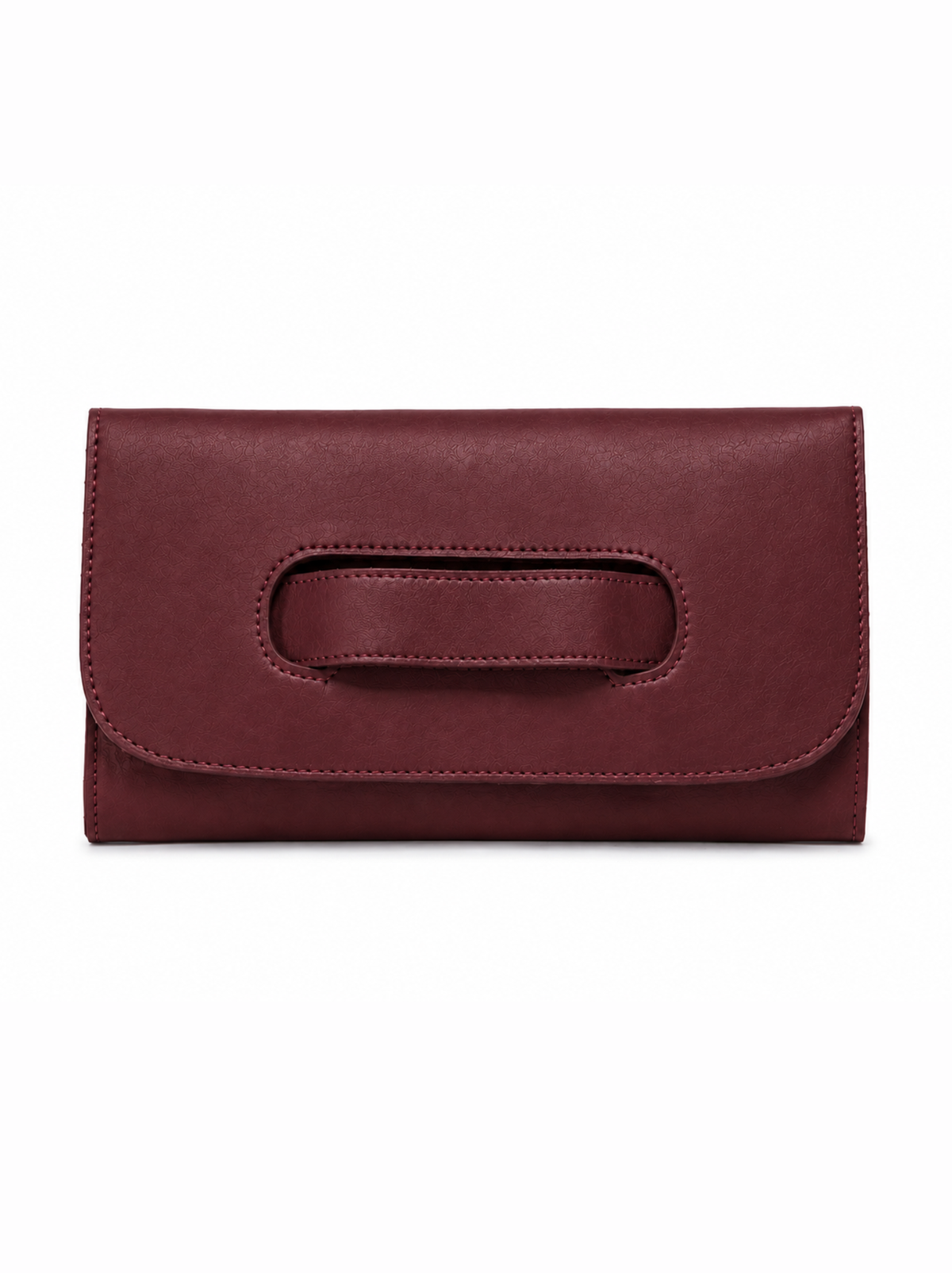 A burgundy leather clutch with a central cutout handle, shown flat against a plain white background. #Color_Wine