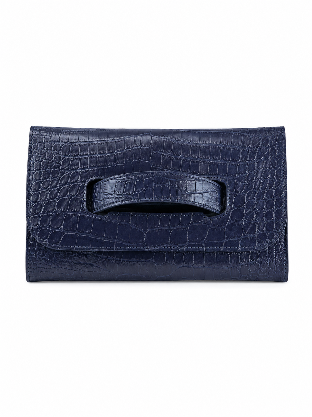 Navy blue croc embossed clutch bag with a front handle on a white background. #Color_Navy Crocodile