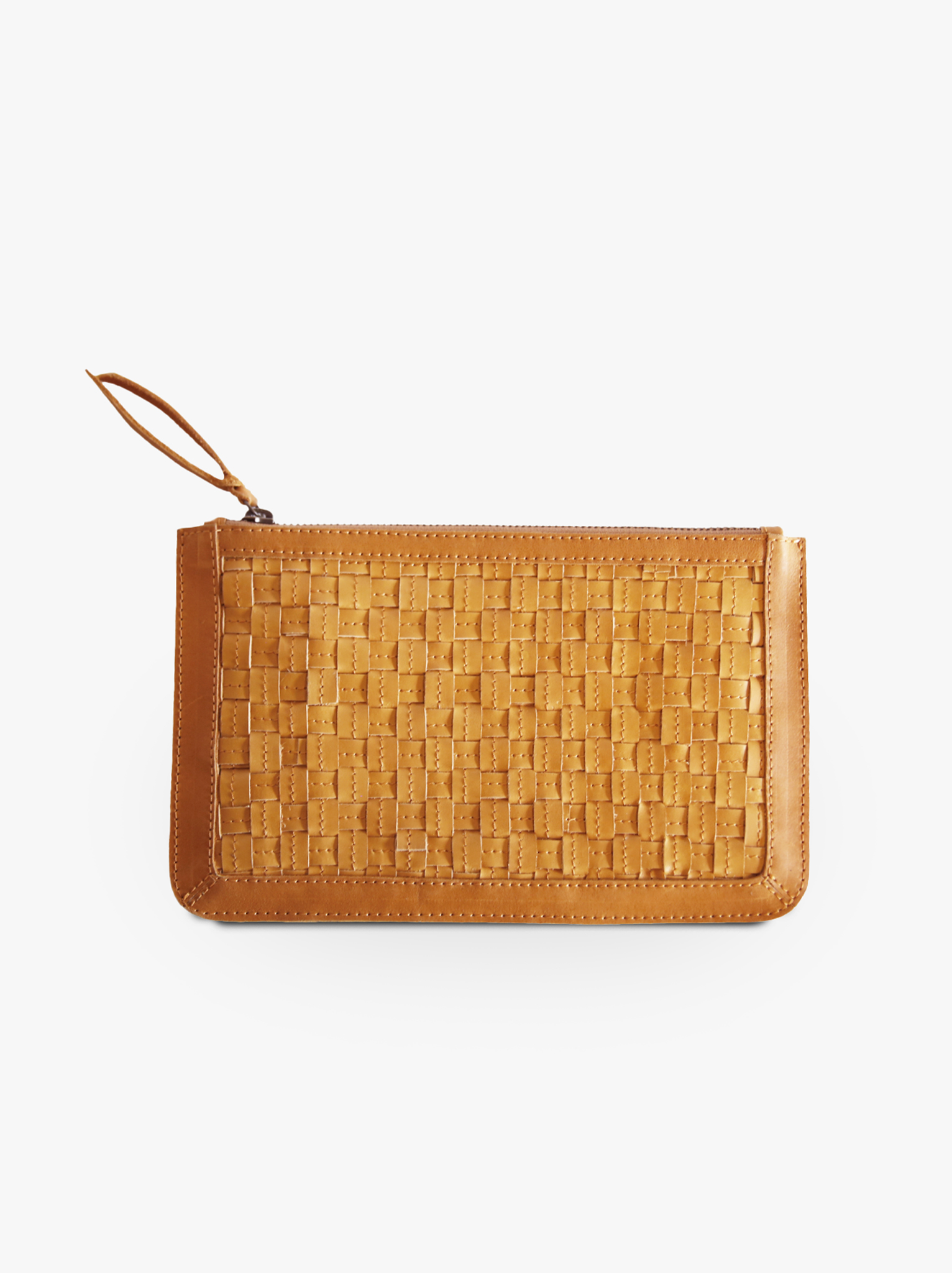 A brown basketweave clutch with zipper closure. #Color_Cognac
