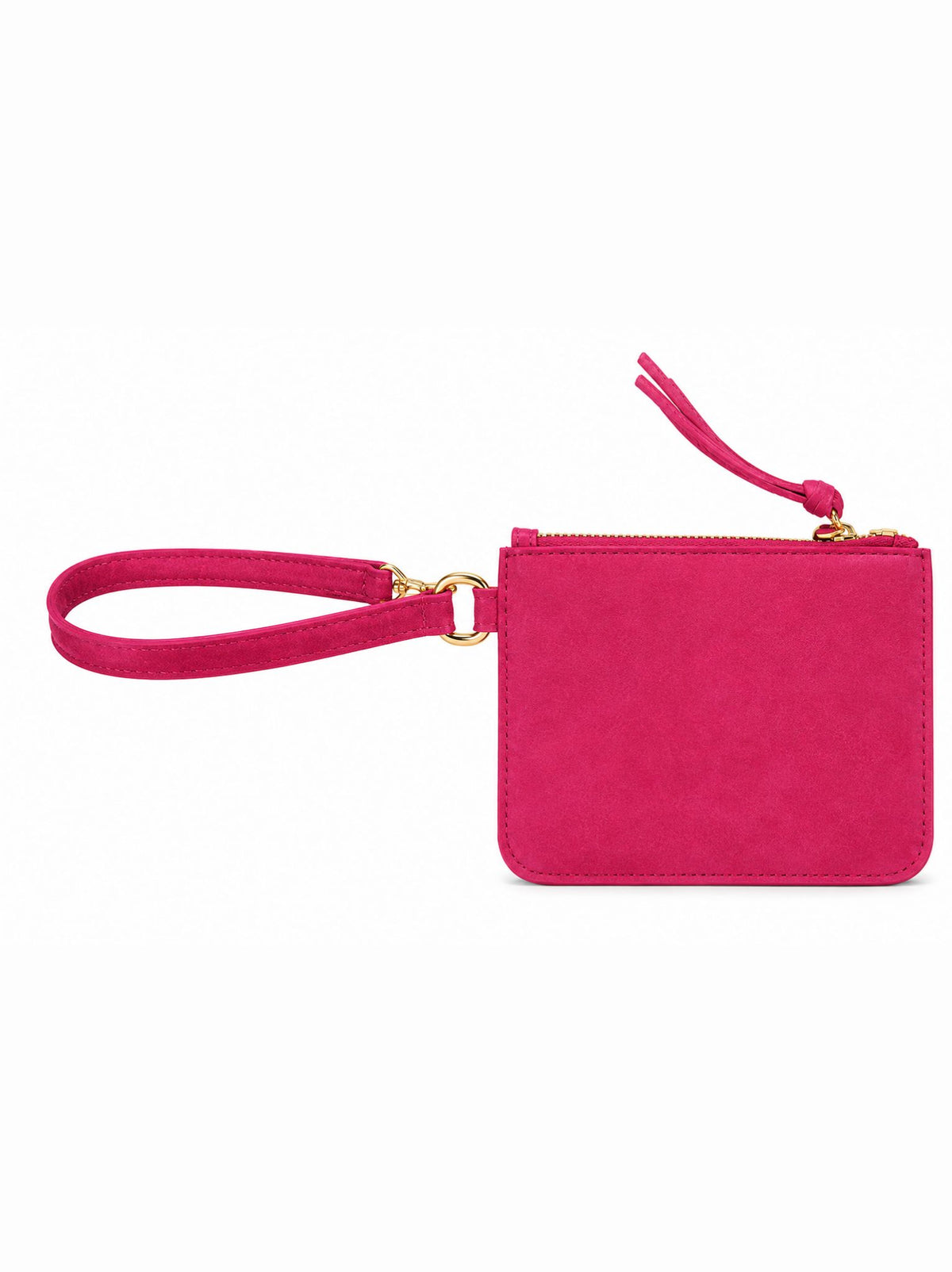 Pink suede wristlet on a white background. #Color_Raspberry Suede