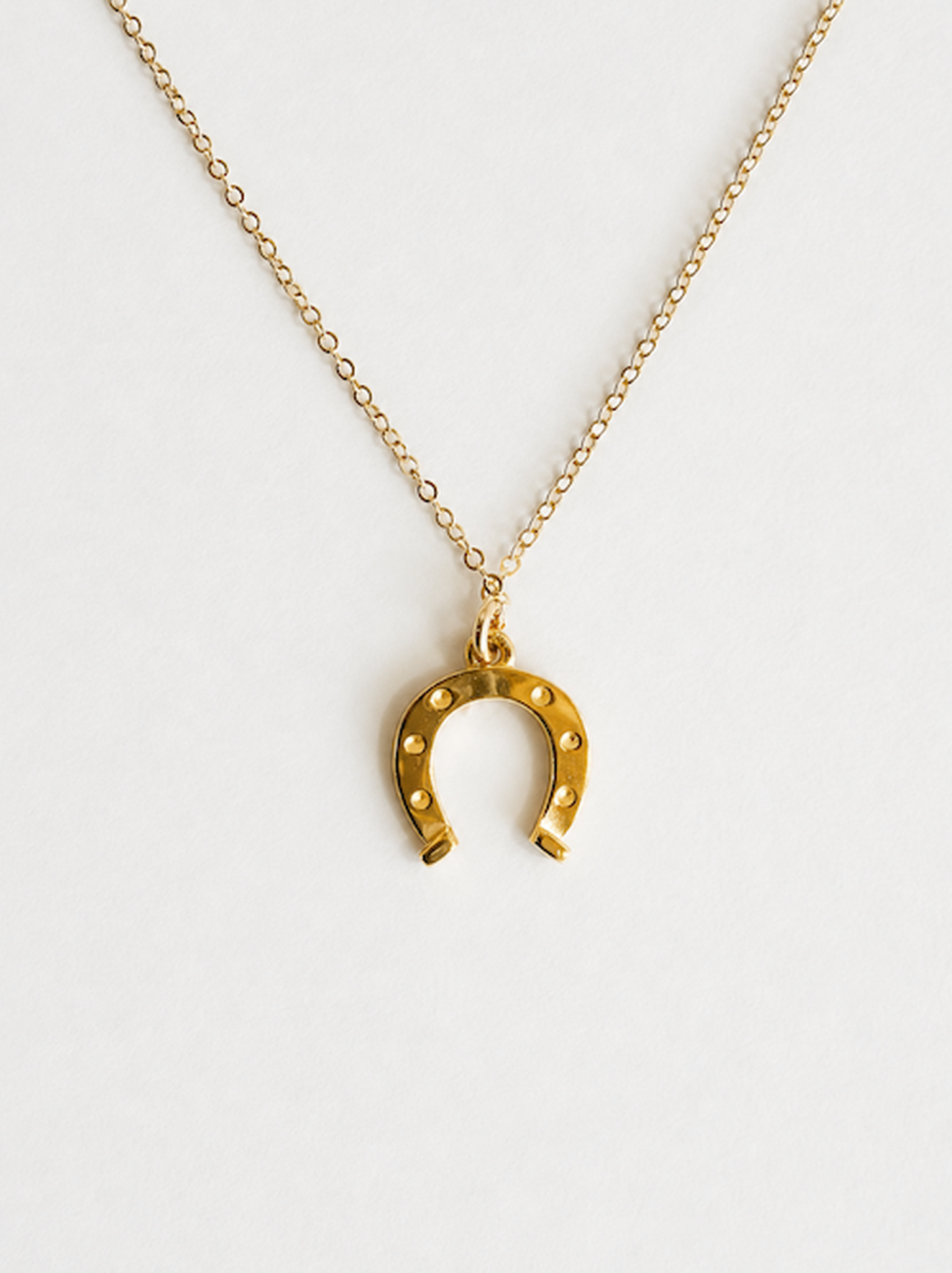 Gold horseshoe necklace on a white background