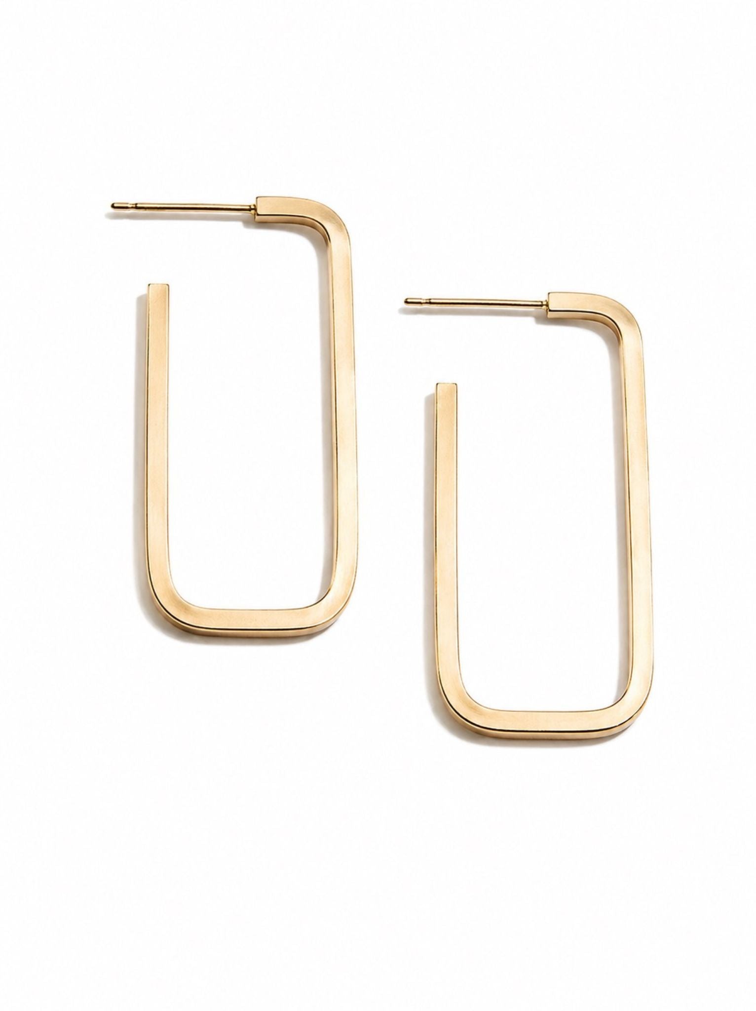 Gold rectangle style hoop earrings on a white background.