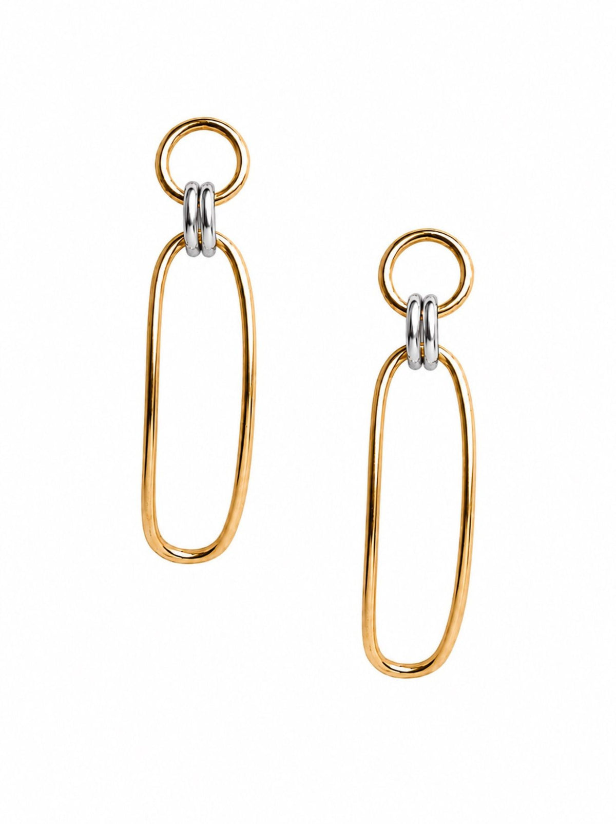 Gold and silver drop earrings on a white background.