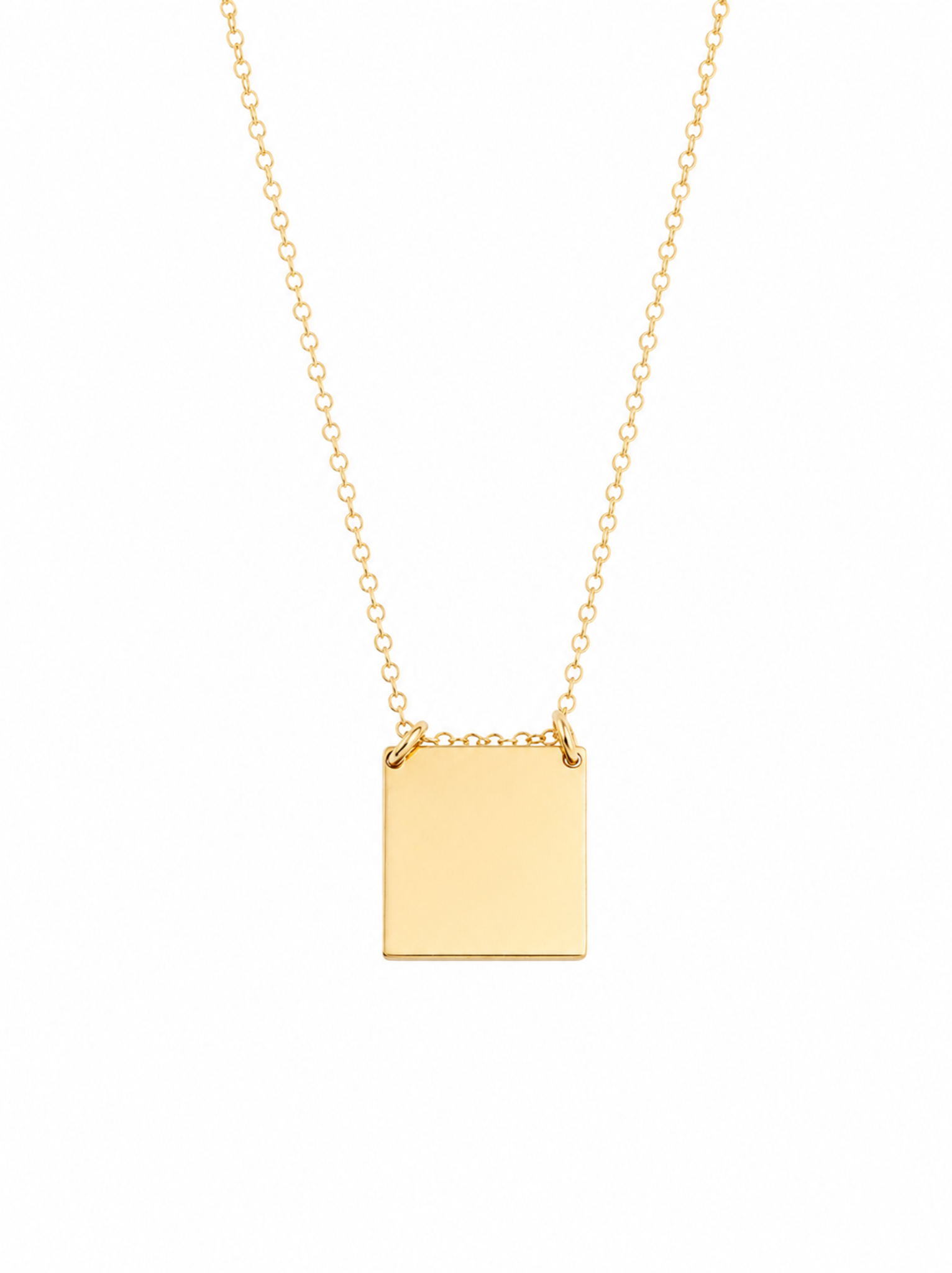 Gold necklace with a blank square pendant on a white background.