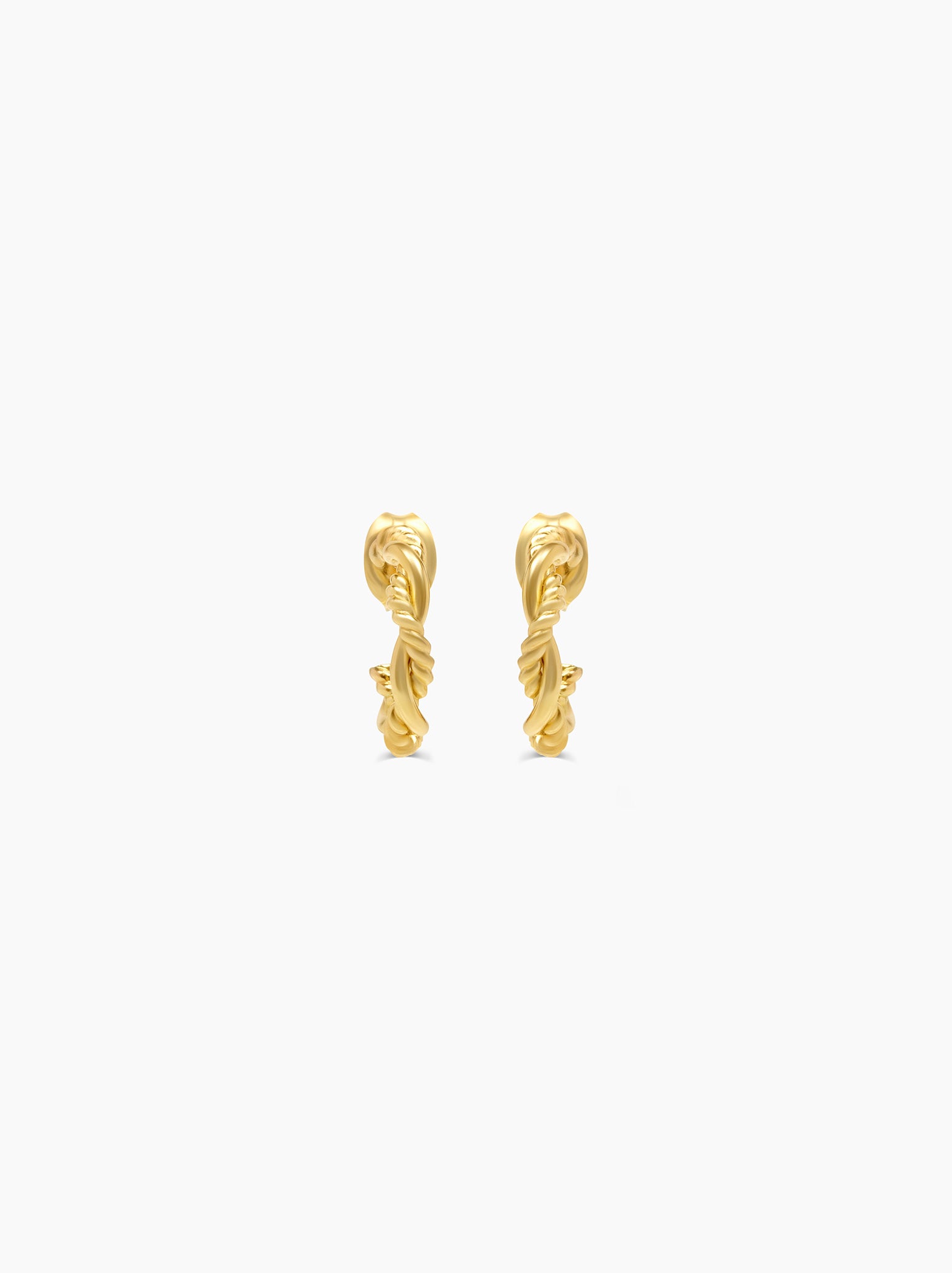 Front view of a pair of textured braided mini hoop earrings on white background.