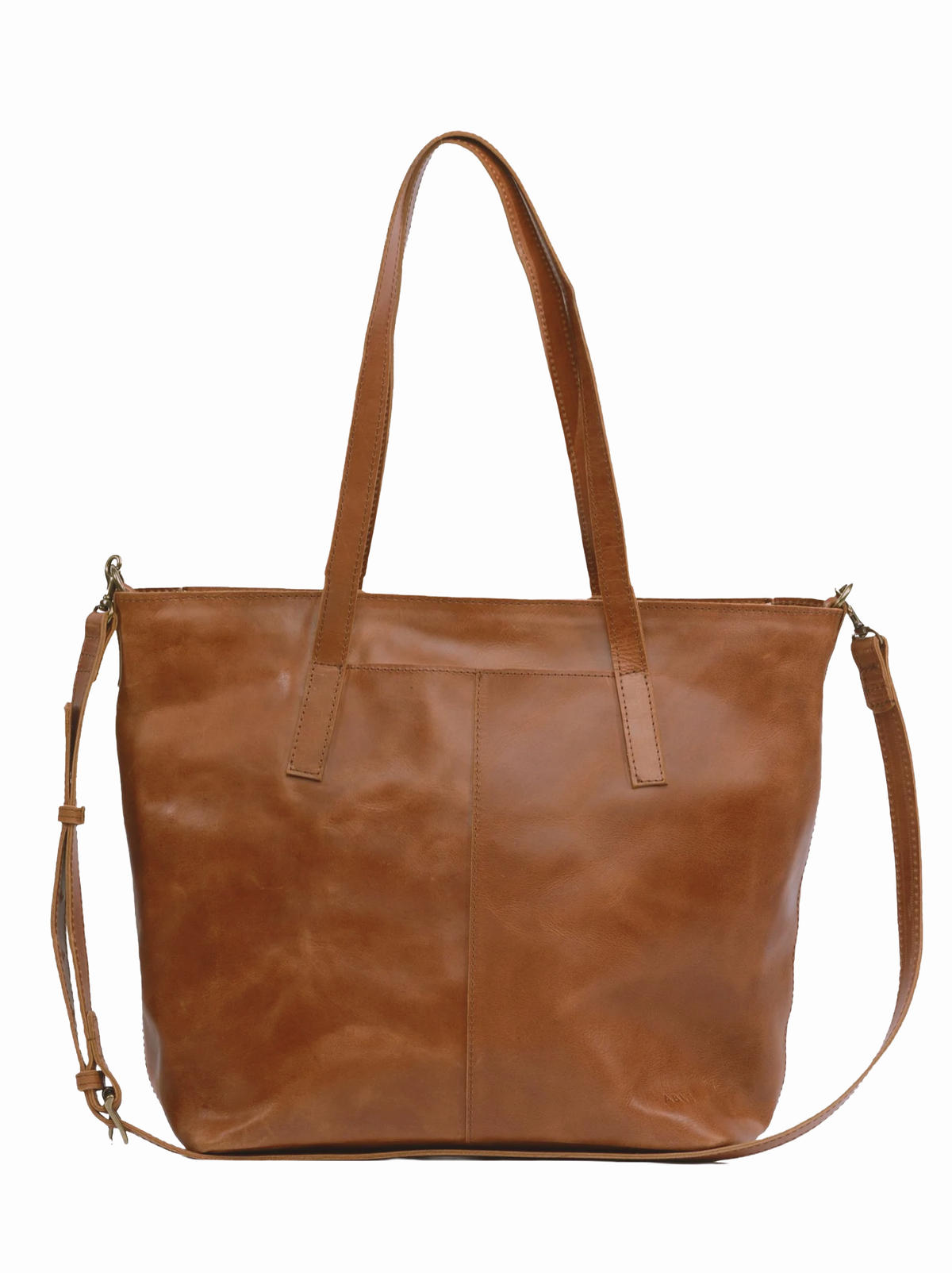Brown leather tote bag with dual shoulder straps and an adjustable, detachable crossbody strap on a white background. #Color_Whiskey