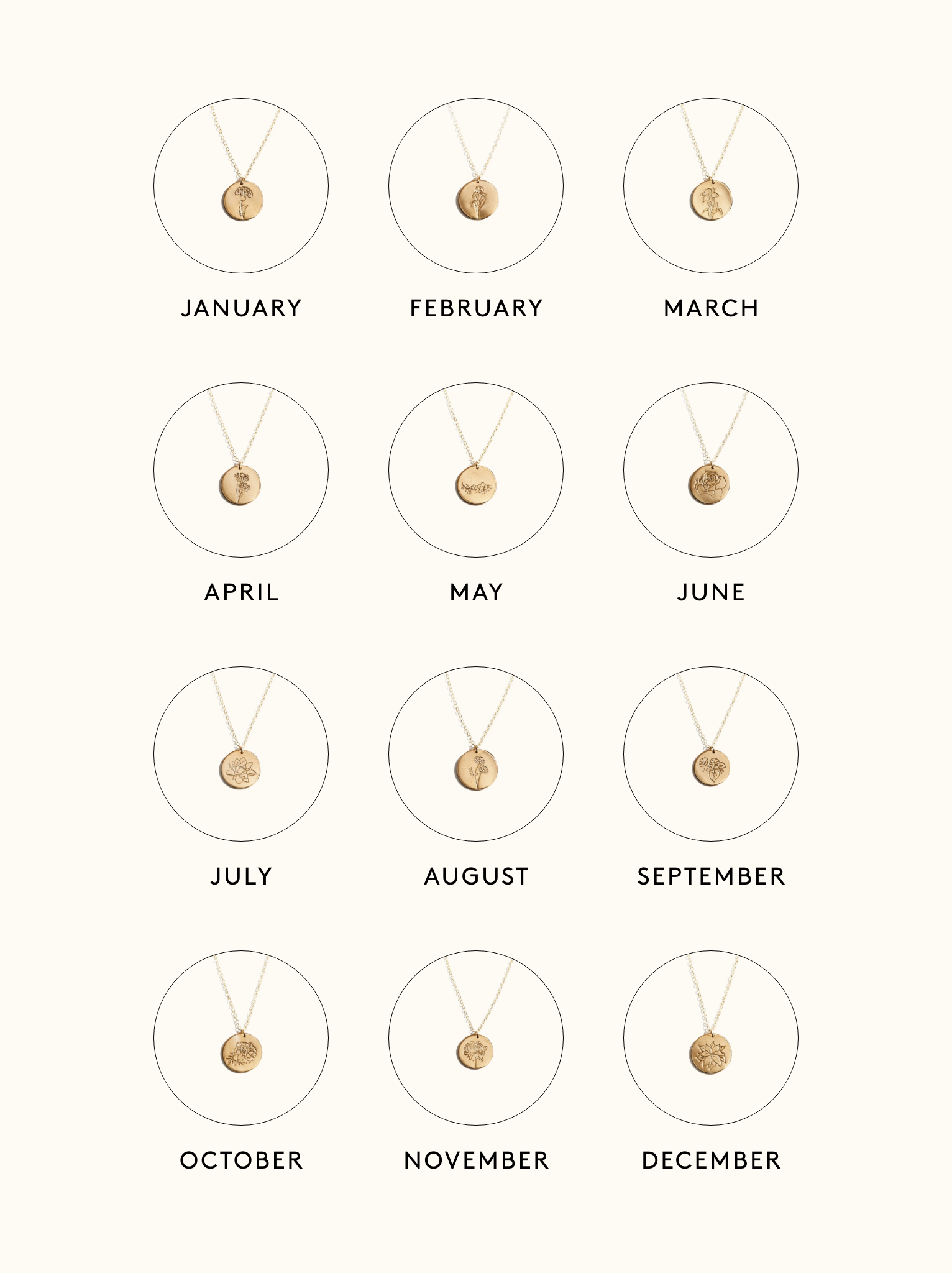 A chart of all 12 necklaces showing the engraved pendant and month.