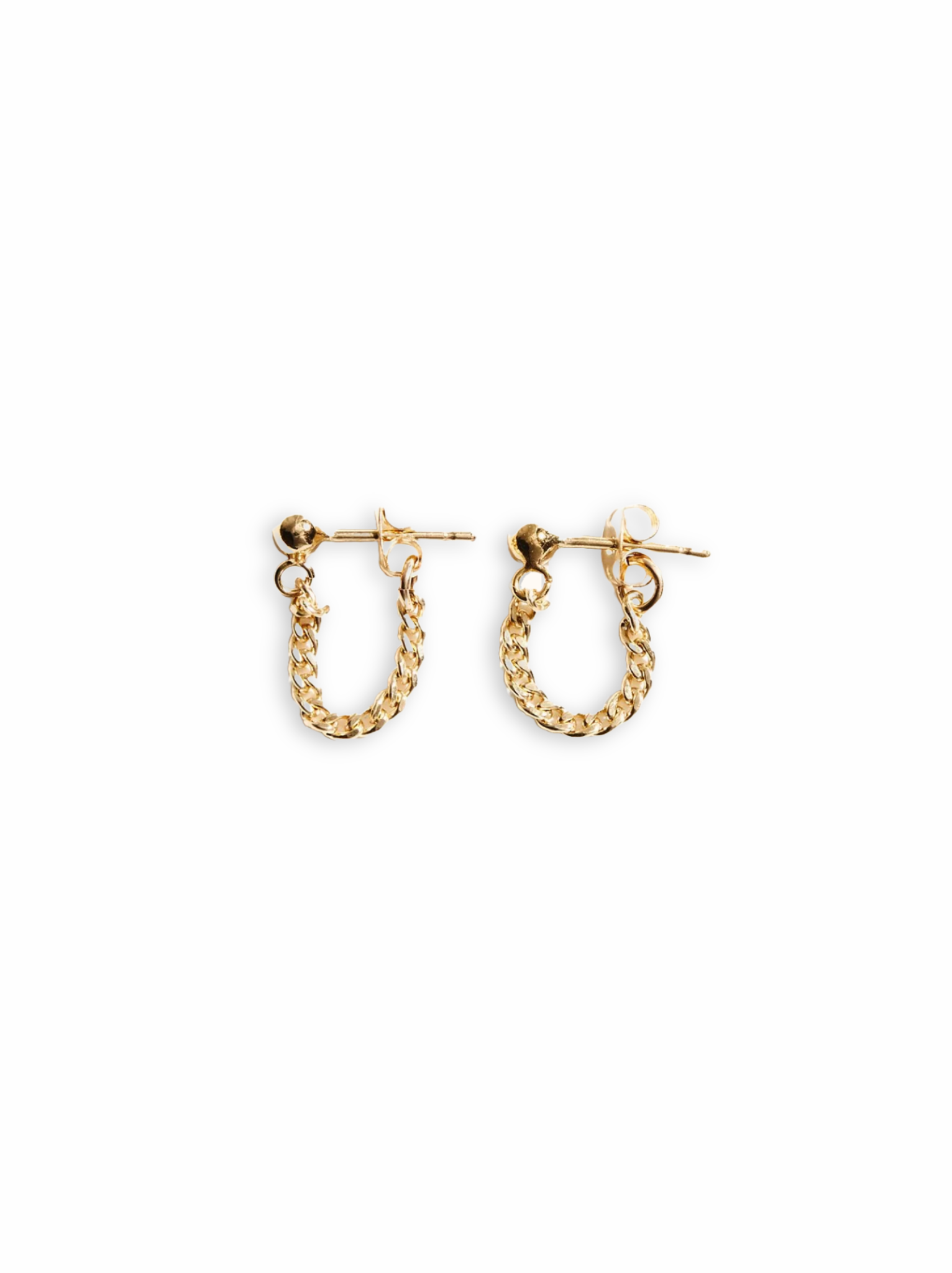 A pair of gold huggie hoop earrings with a short chain link detail and post-back closures, shown on a plain white background.