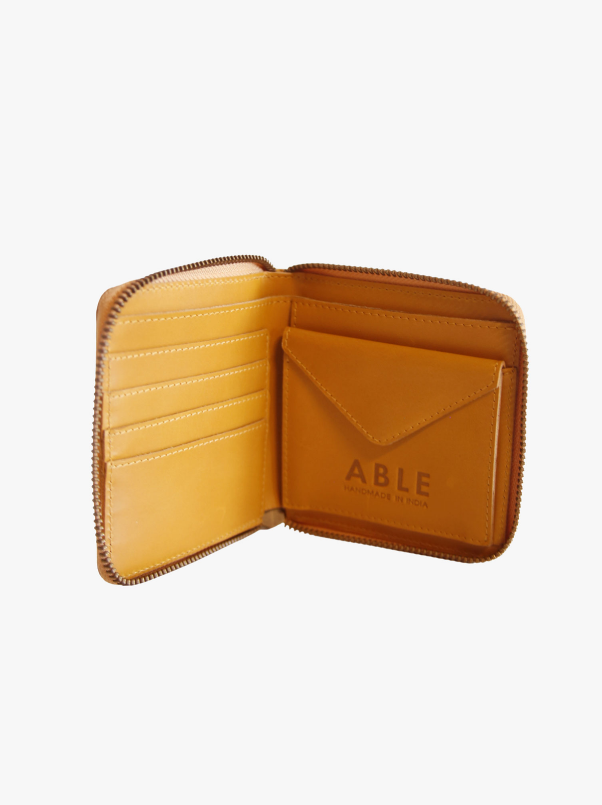 An open square wallet with card slots and flap over interior pocket with zipper closure for the wallet on a white background. #Color_Cognac