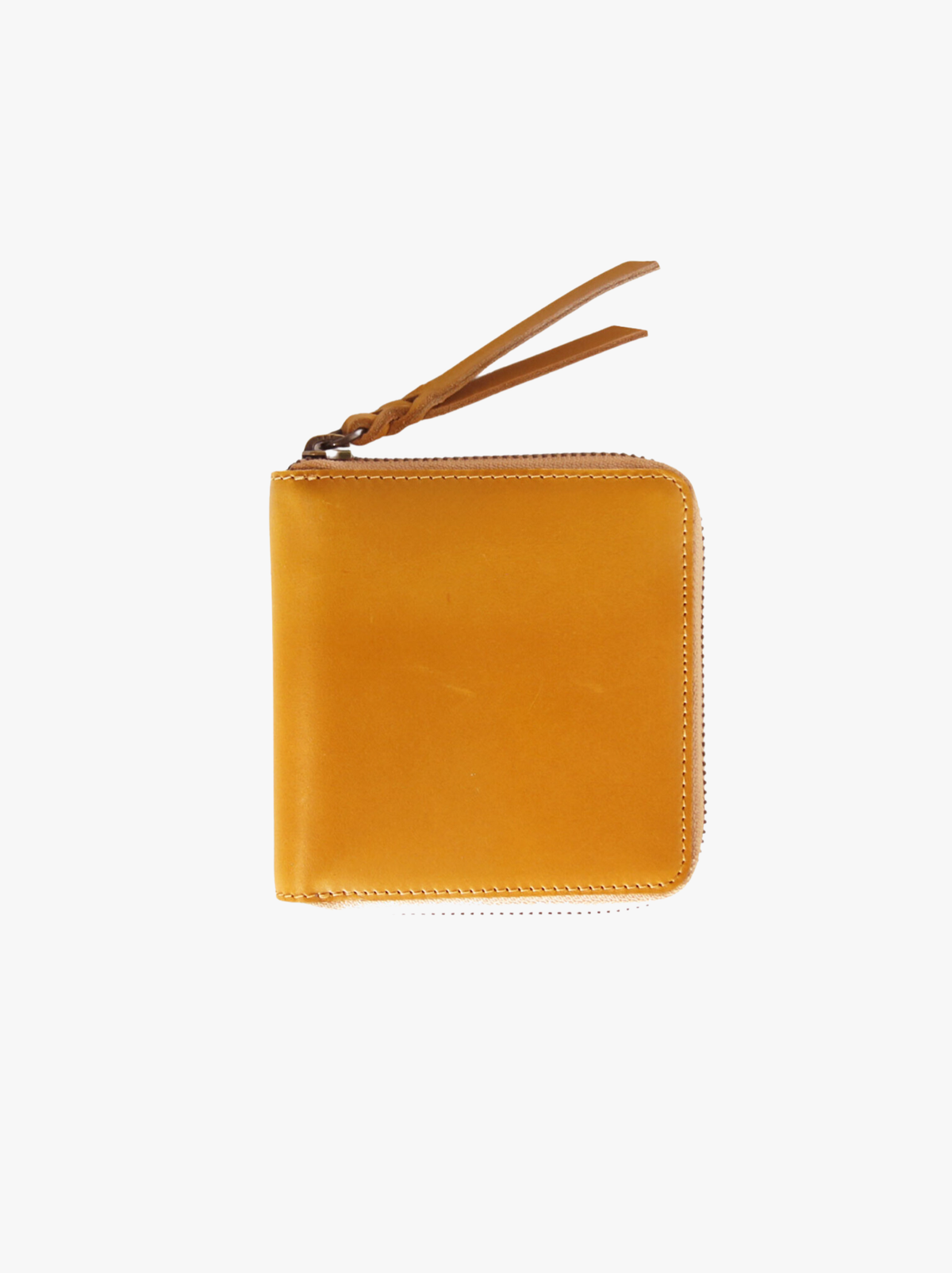 A cognac mini zip-around wallet made from genuine leather, with a square shape and a zippered closure. #Color_Cognac