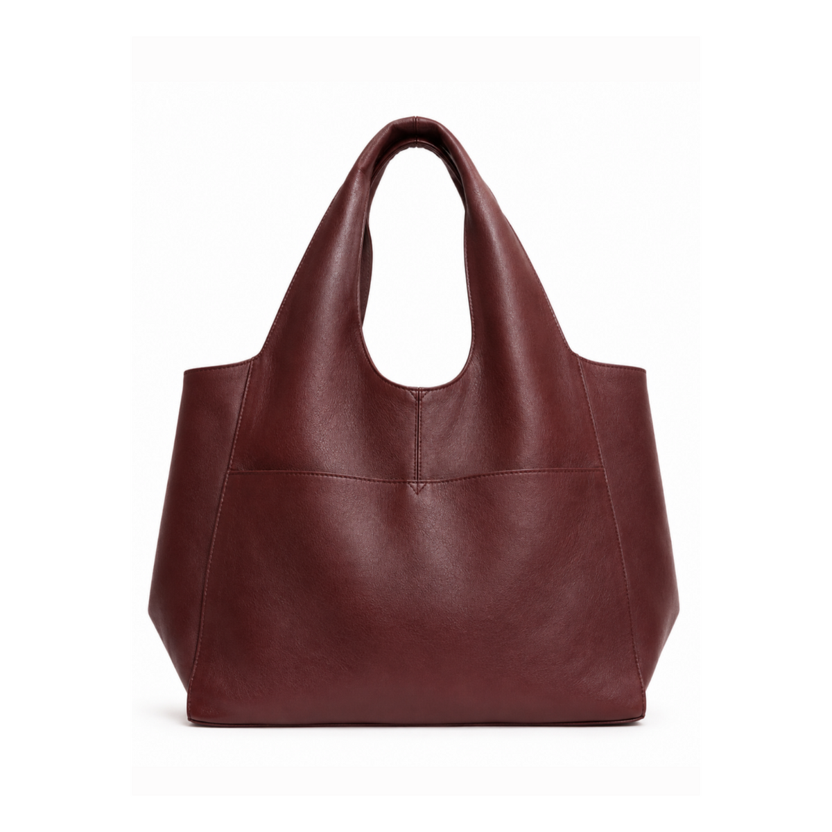 A dark burgundy leather tote bag with a minimalist design, featuring two top handles and a front pocket, shown against a plain white background.