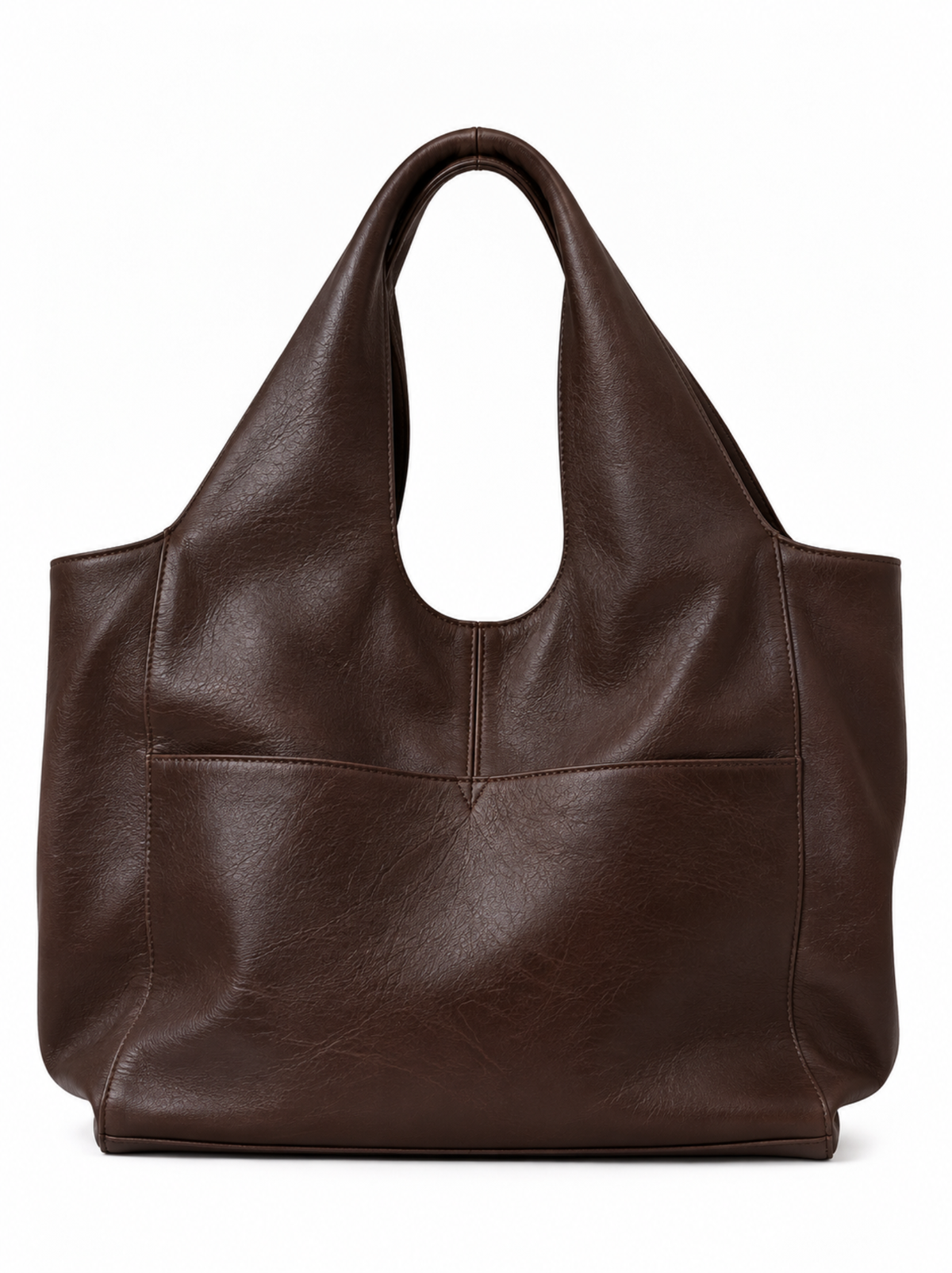 A large deep brown leather tote bag with two shoulder straps and a front slip pocket, photographed against a clean white background. #Color_Chocolate