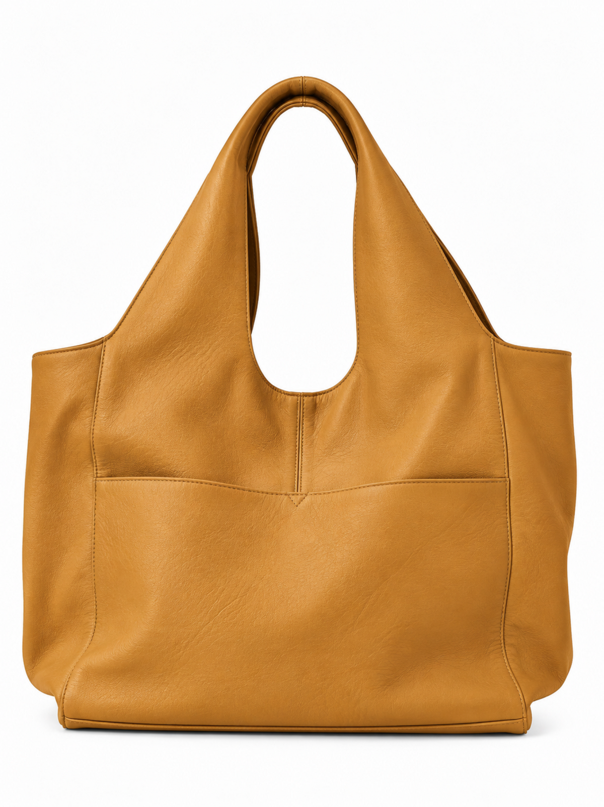 A large light brown cognac leather tote bag with two shoulder straps and a front slip pocket, photographed against a clean white background. #Color_Cognac