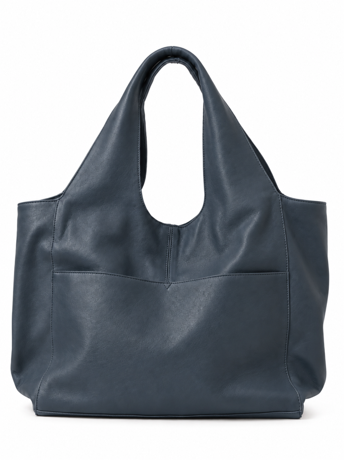 A large blue leather tote bag with two shoulder straps and a front slip pocket, photographed against a clean white background. #Color_Midnight