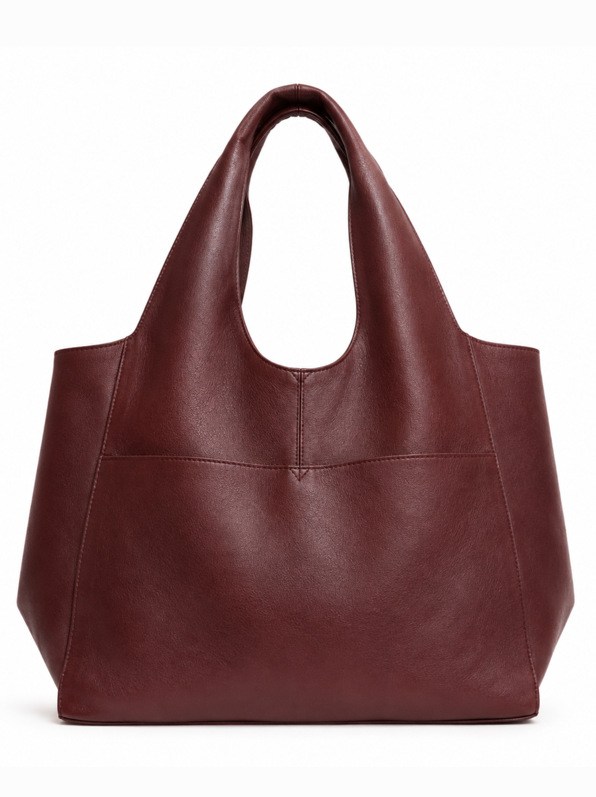 A large leather tote bag in a deep burgundy color, featuring two shoulder straps and a slouchy silhouette, shown against a plain white background. #Color_Oxblood