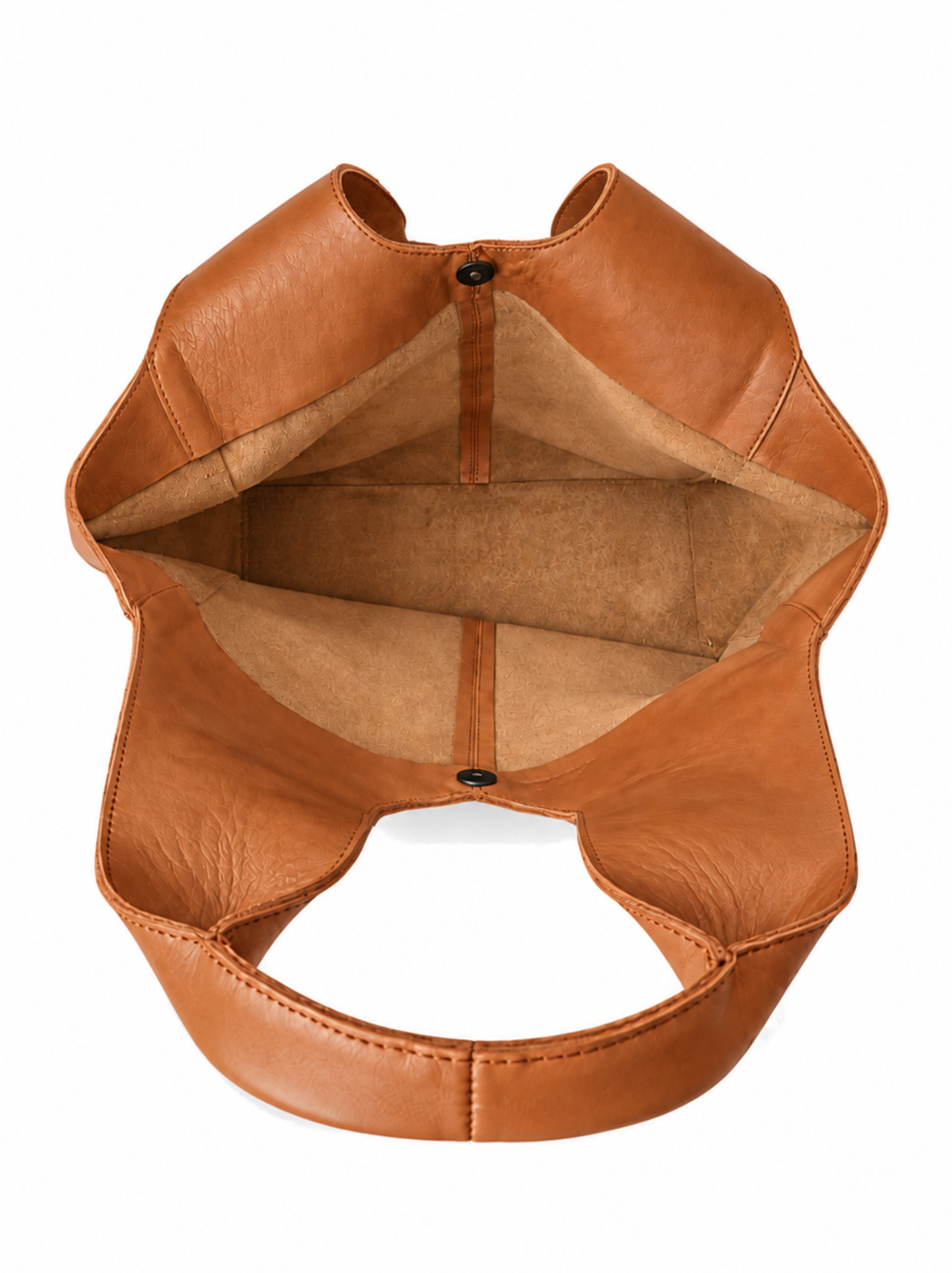 A top-down view of a brown leather shoulder bag with wide, structured straps and a contrasting light brown unlined interior, shown on a plain white background. #Color_Chestnut