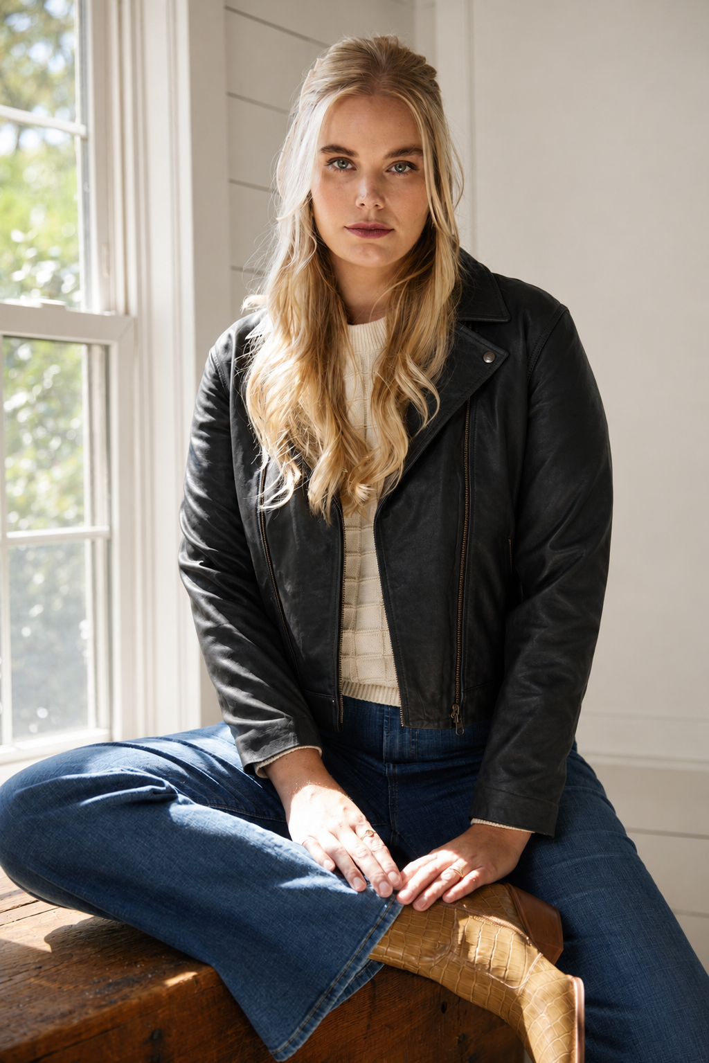 Woman sitting on a table by the window in the kitchen wearing a  black leather jacket, sweater, jeans and boots.