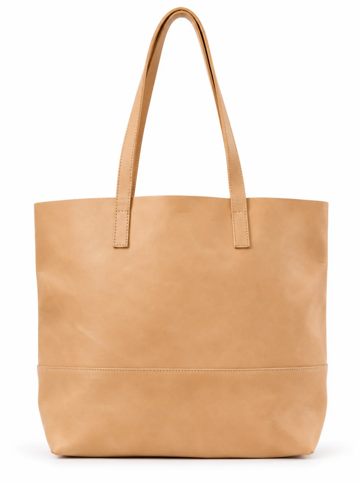 A minimalist tan leather tote bag with dual shoulder straps and a clean, straight silhouette, photographed against a solid white background. #Color_Fawn