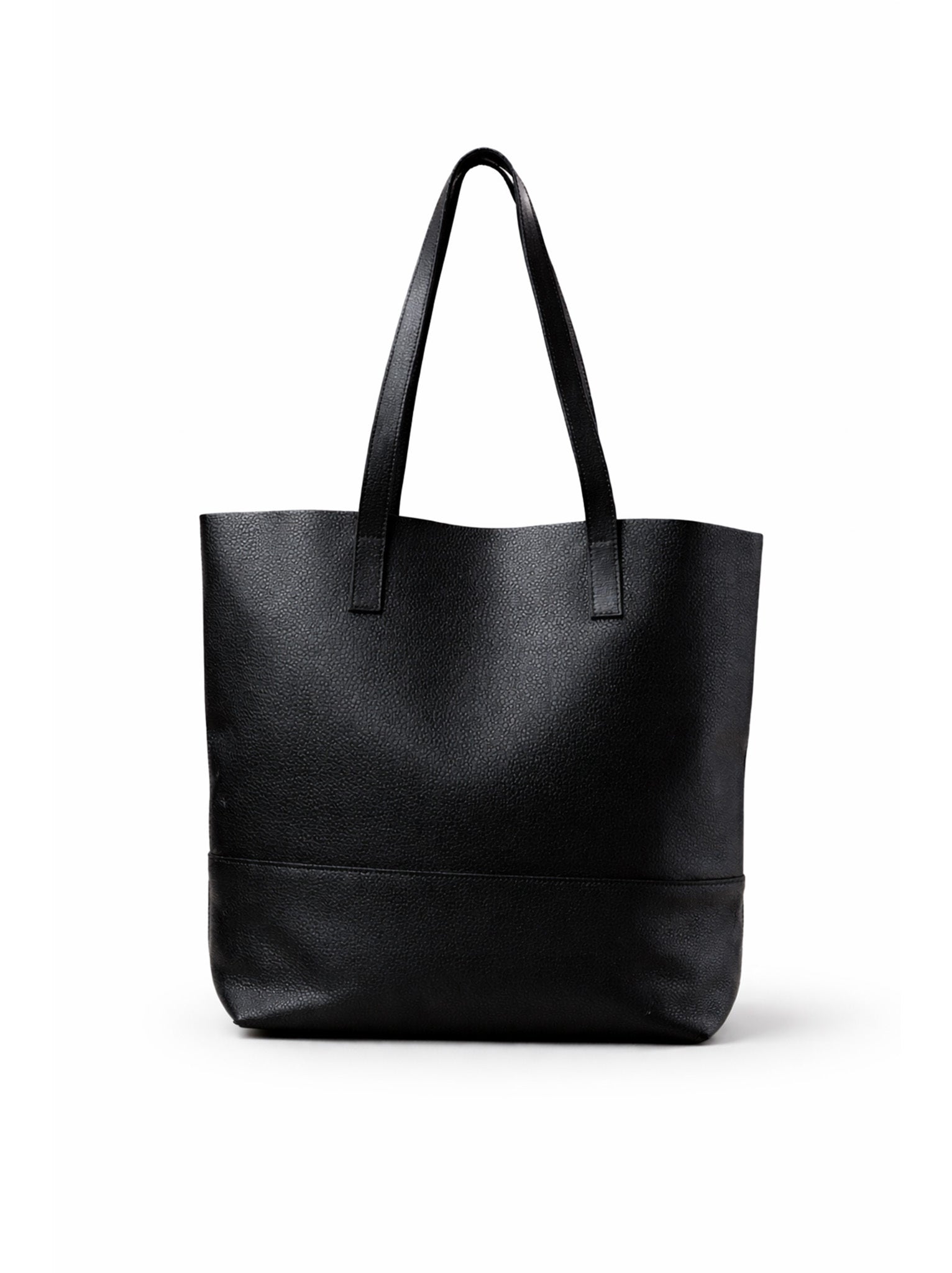 Black pebbled textured tote bag with two shoulder straps against white background. #Color_Pebbled Black