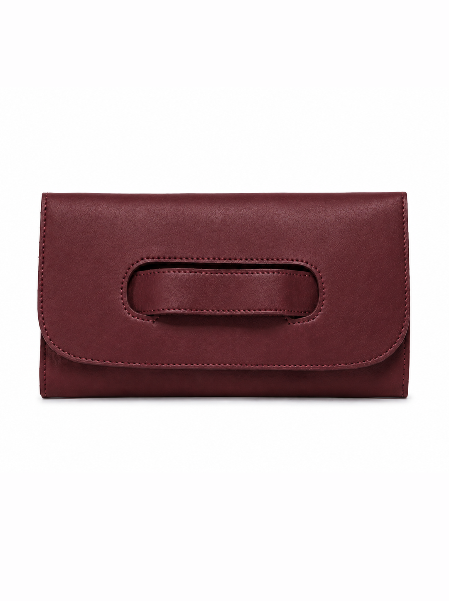 A burgundy leather clutch with a central cutout handle, shown flat against a plain white background. #Color_Wine