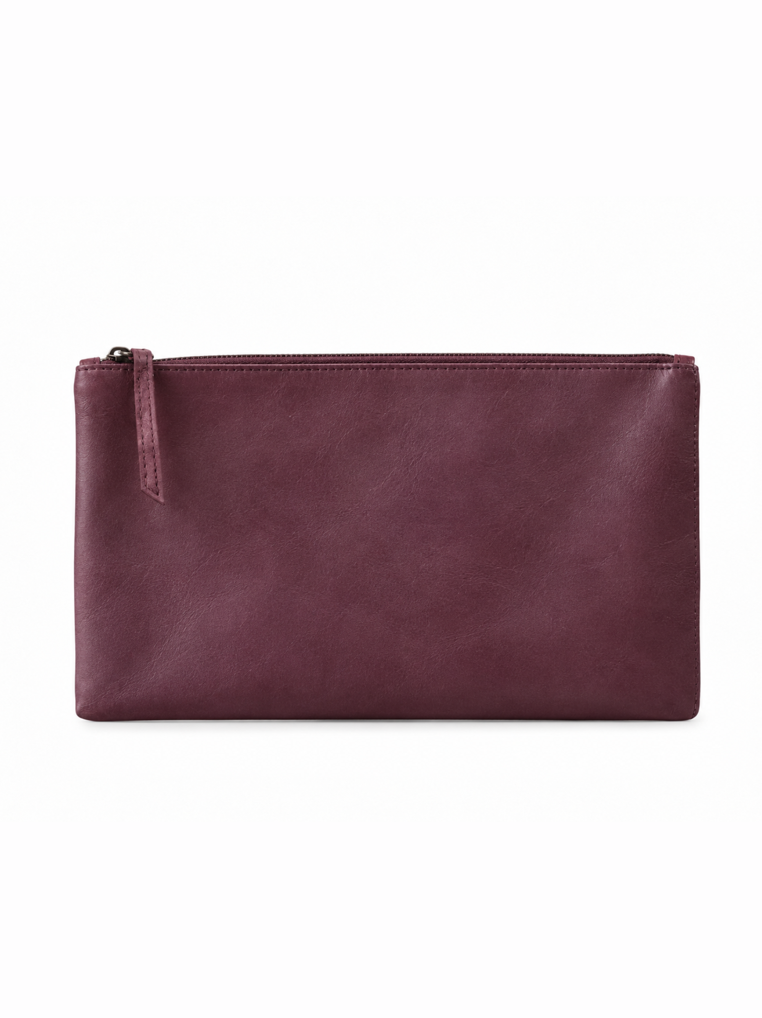 A rectangular leather pouch in a deep burgundy color, featuring a top zipper closure and a small leather pull tab, set against a plain white background. #Color_Wine