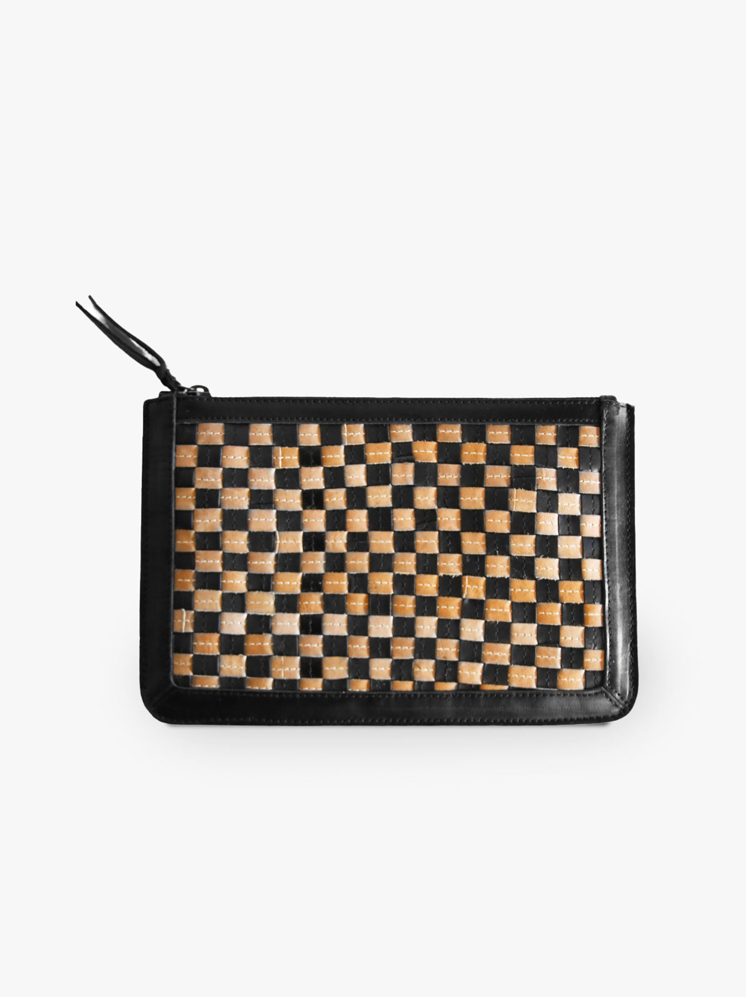 A beige and black, woven leather clutch with a flat surface and a subtle texture against a white background. #Color_Black/Tan