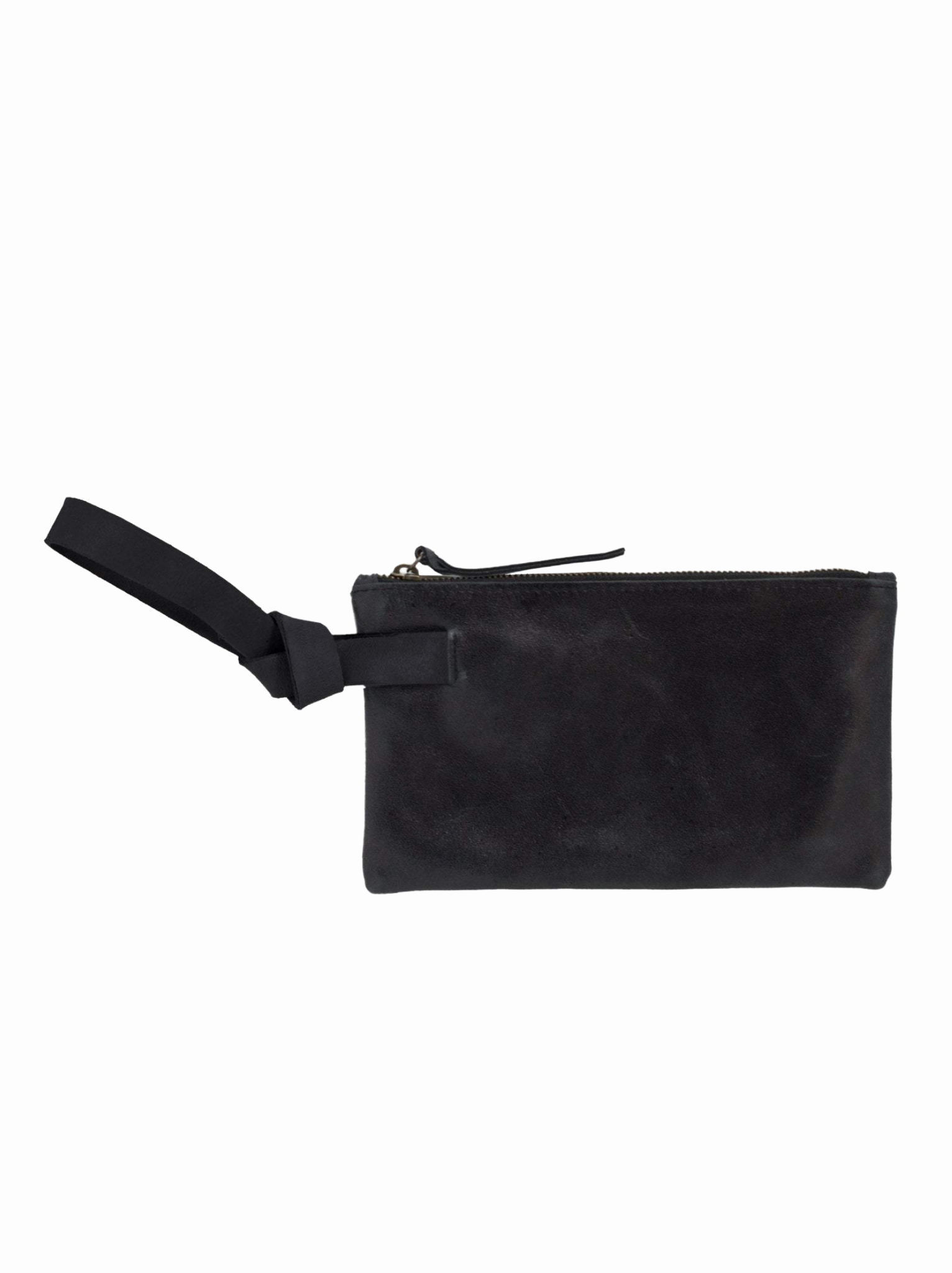A black leather wristlet clutch with a matching black leather wrist strap and a top zipper, shown against a plain white background. #Color_Black