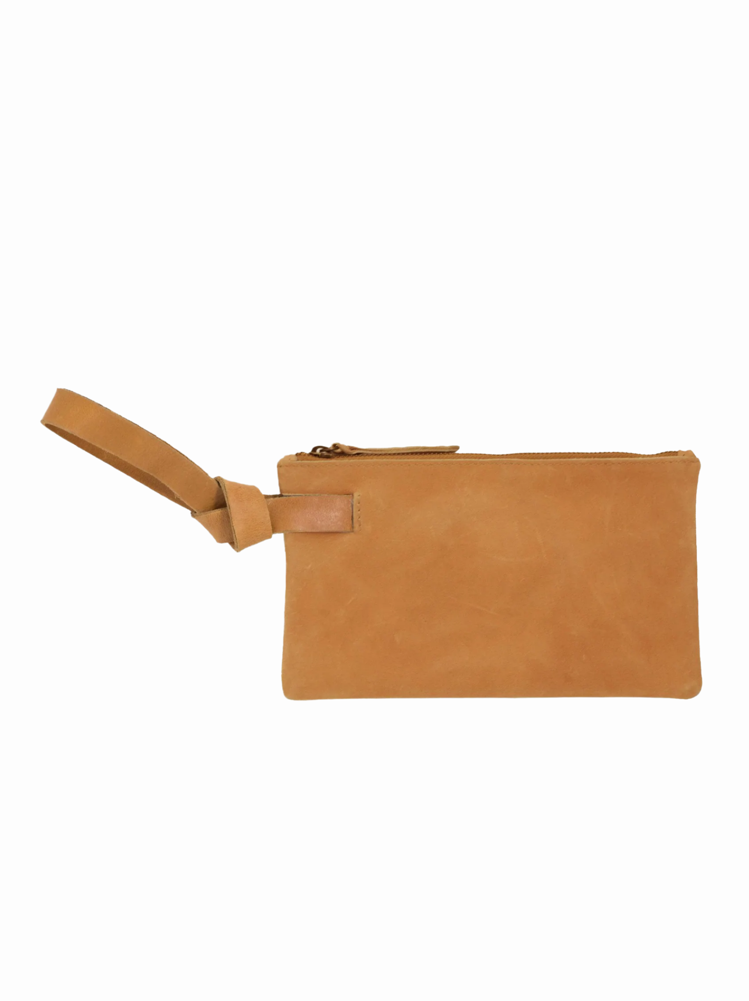 Cognac leather wristlet with top zipper on a white background. #Color_Cognac
