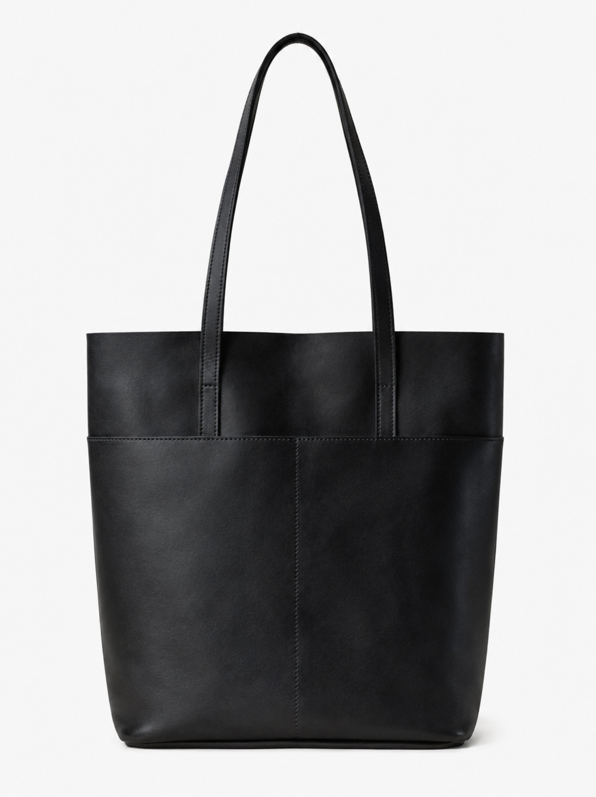 A black leather tote bag with two shoulder straps, shown against a plain white background. #Color_Black