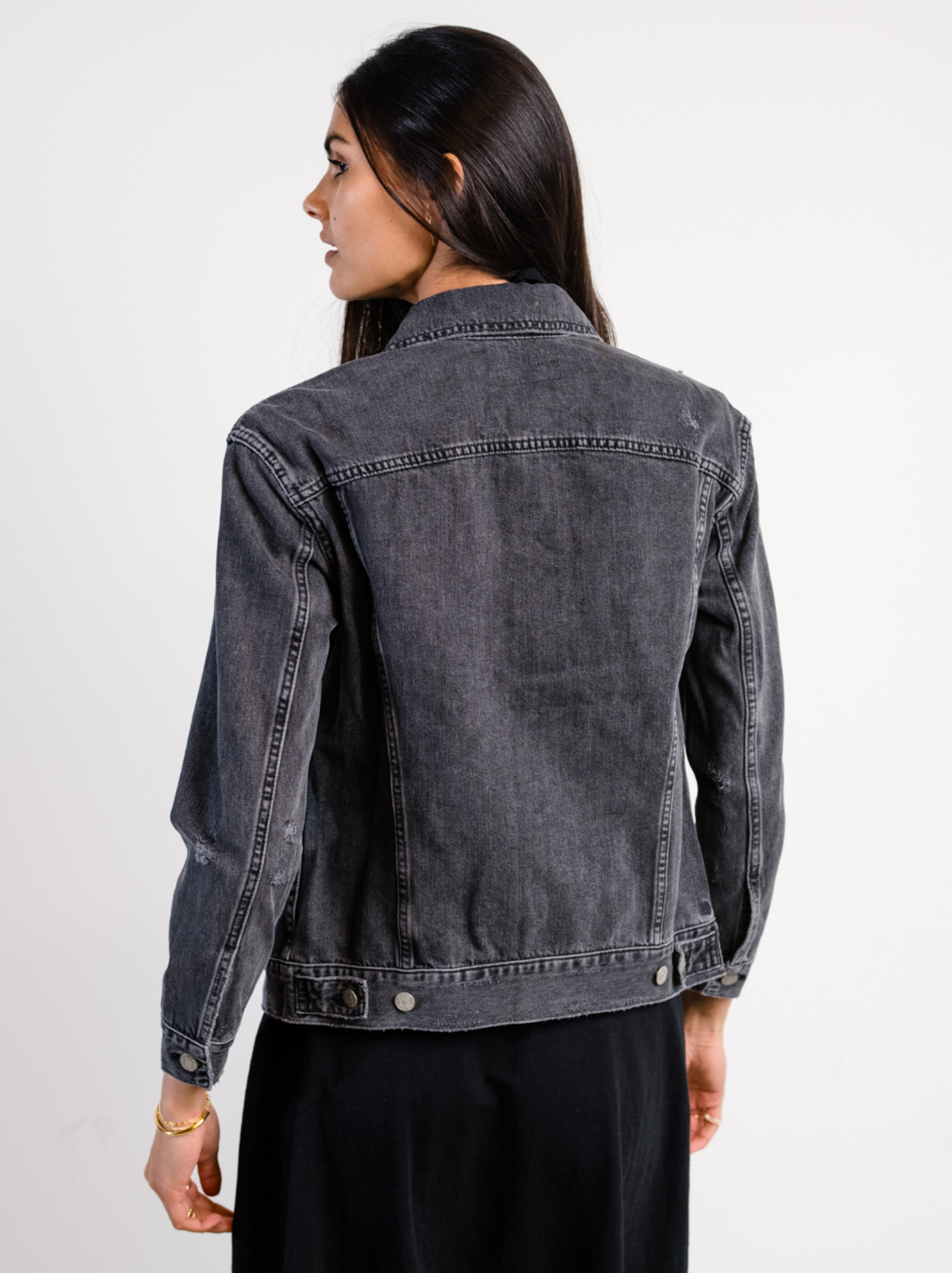 Person wearing The Merly Jacket Washed Black on a white background #Color_Washed Black
