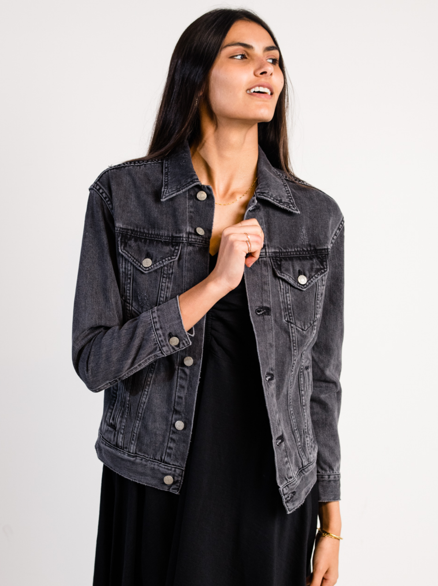 Woman wearing The Merly Jacket Washed Black against a plain background #Color_Washed Black
